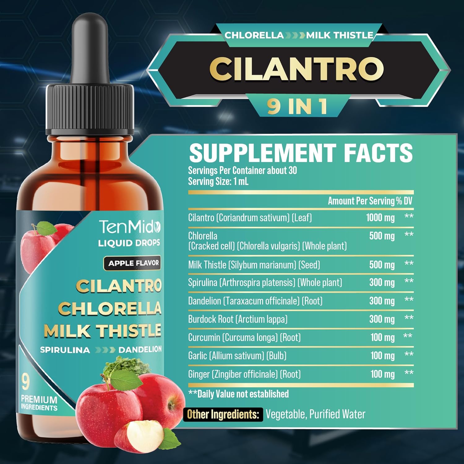 9in1 Cilantro Tincture - Herbal Extract Liquid Supplements with Chlorella, Milk Thistle, Spirulina, Dandelion, Burdock Root, Curcumin, Garlic, and Ginger - 30ml 1 Fl Oz - Image 2