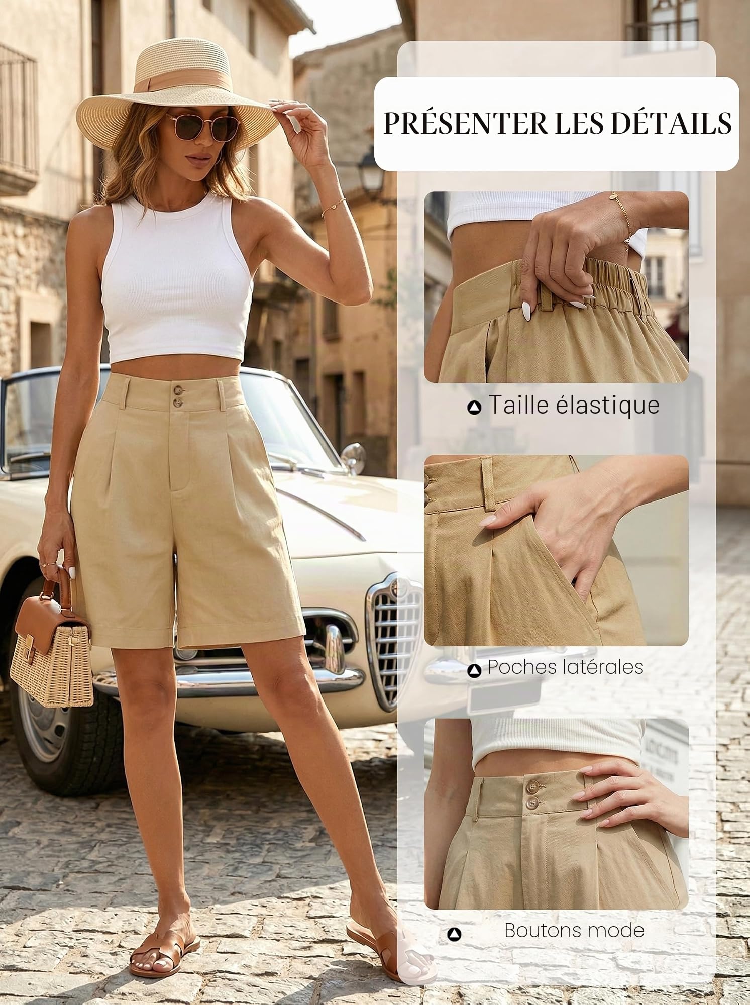 Short Femme Été Shorts et Bermudas Femme Cargo Taille Haute Élastique Jambes Larges Pantalon Court Short Décontracté Chic Couleur Unie Léger Fluide Short Long avec Poches