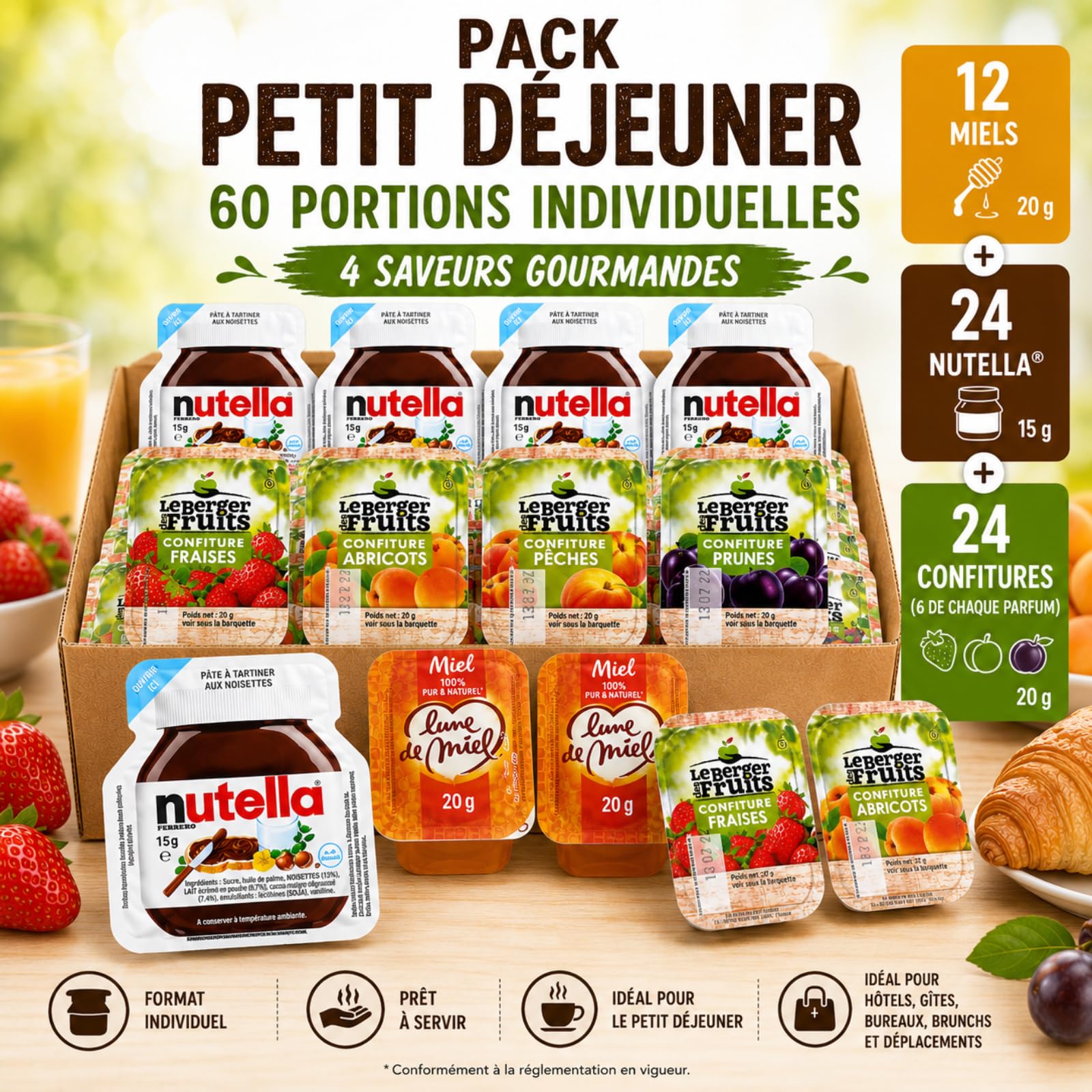 60 Barquettes LE BERGER DES FRUITS/NUT/LUNE DE MIEL | Assortiment de 12 Miel + 24 Pâtes à tartiner + 24 confitures assorties : Pêche, Fraise, Prune, Abricot en Portions Individuelles