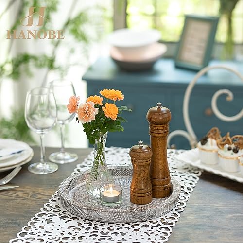 Miniatura 50 de Hanobe Bandeja de madera rústica: bandeja decorativa redonda de madera para mayordomo, centro de mesa, bandejas portavelas, bandeja otomana