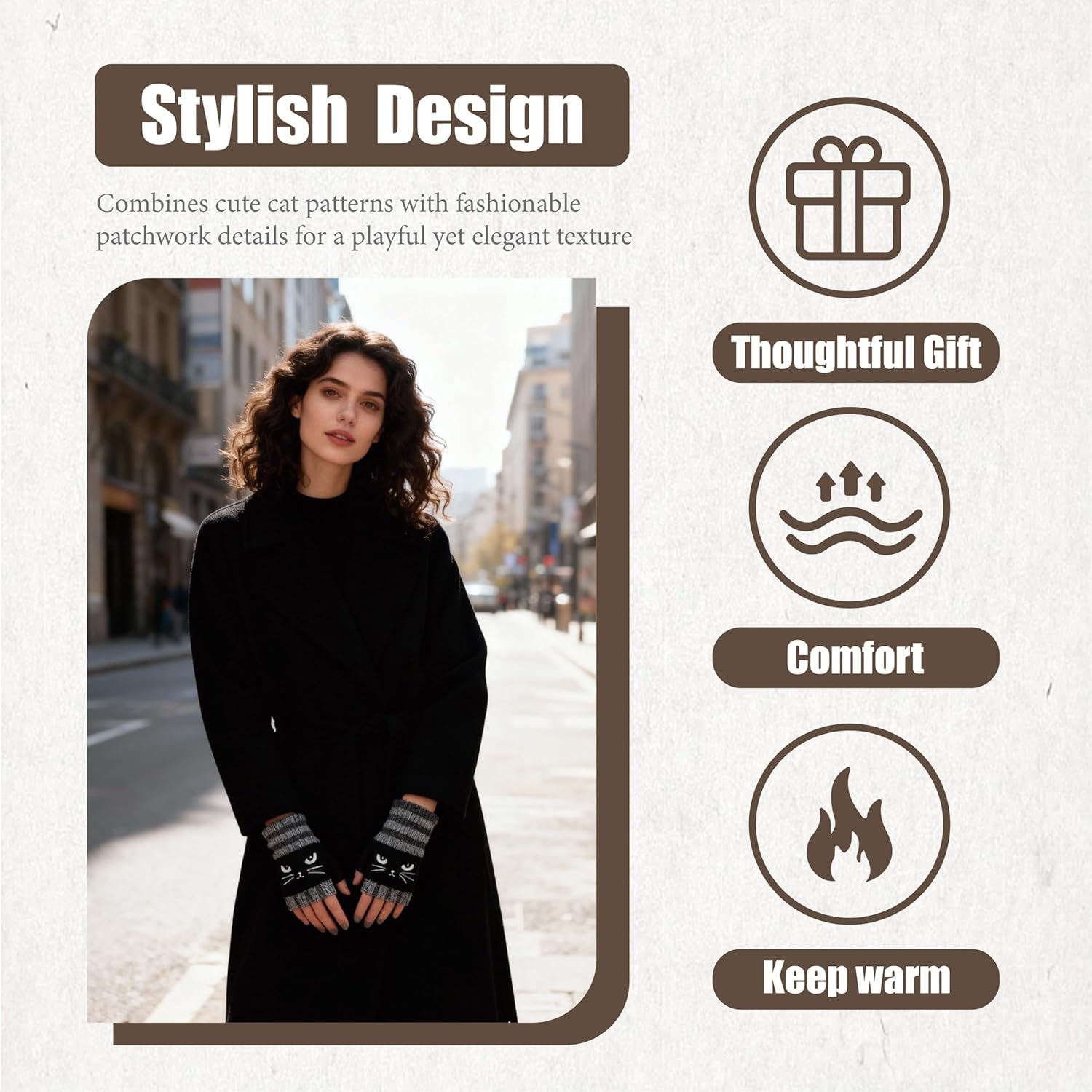 Cozy Cat Fingerless Gloves Women, Cat Embroidery Splicing Knitted Gloves For Women Winter Walk
