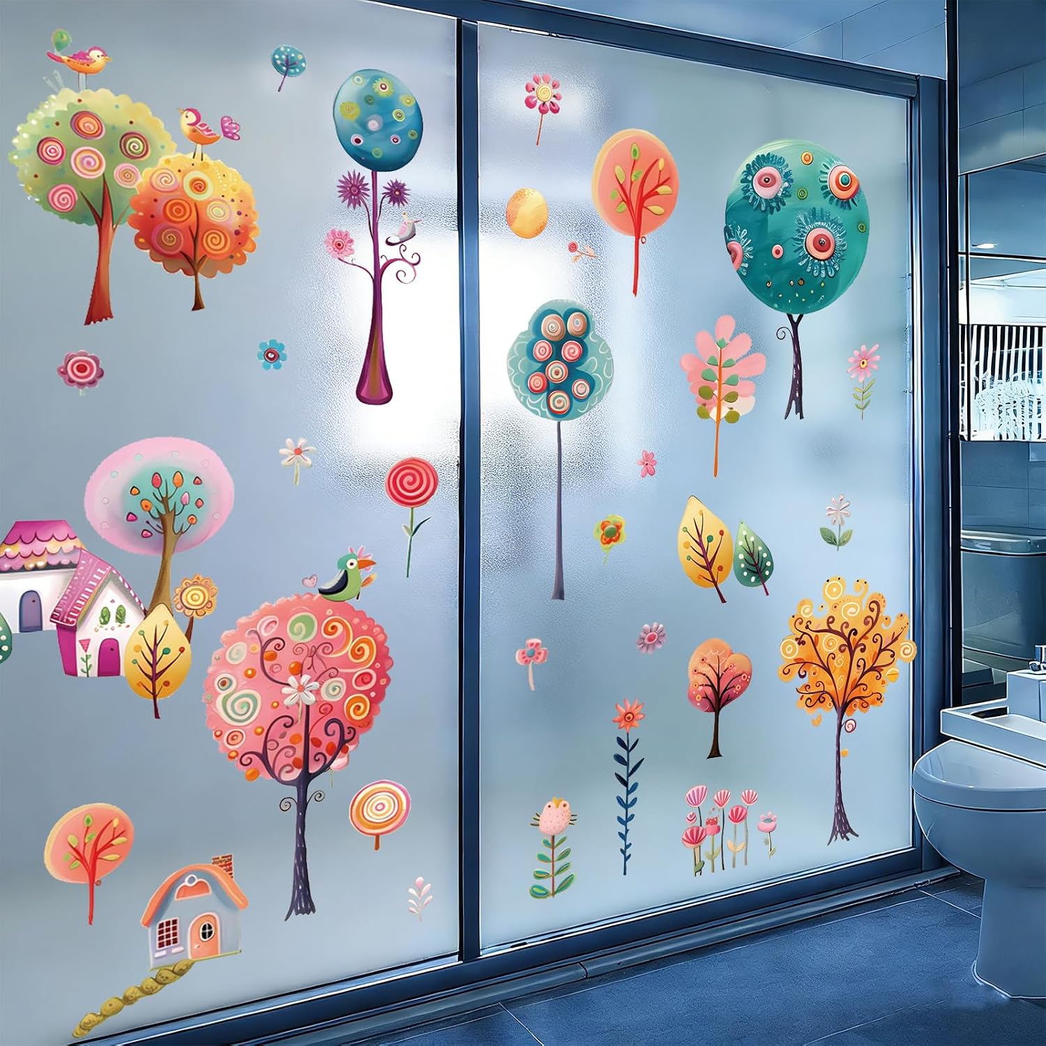 9Sheets Spring Window Clings for Glass Windows, 106Pcs Colorful Forest Window Decals with Flowers Butterflies Birds, Double Sided Anti-Collision Static Window Stickers for Home Classroom Office Decor