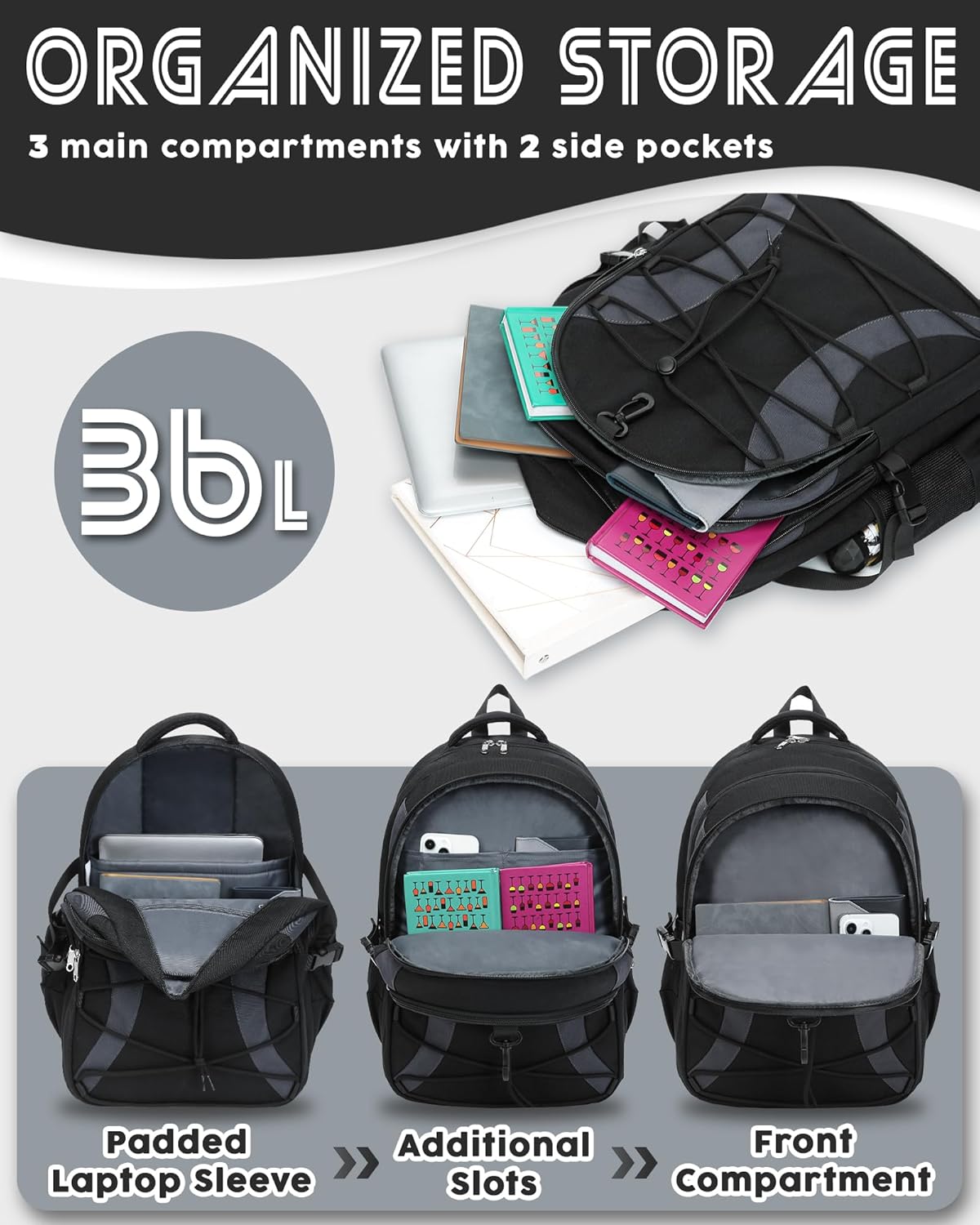 BLUEFAIRY Middle High School Backpack for Teen Boys Girls Large College Bookbag with Laptop Sleeve Back to School Book Bags Mochilas Escolares para Niños Niñas Adolescentes (Black/Dark Gray, Solid) - Image 5