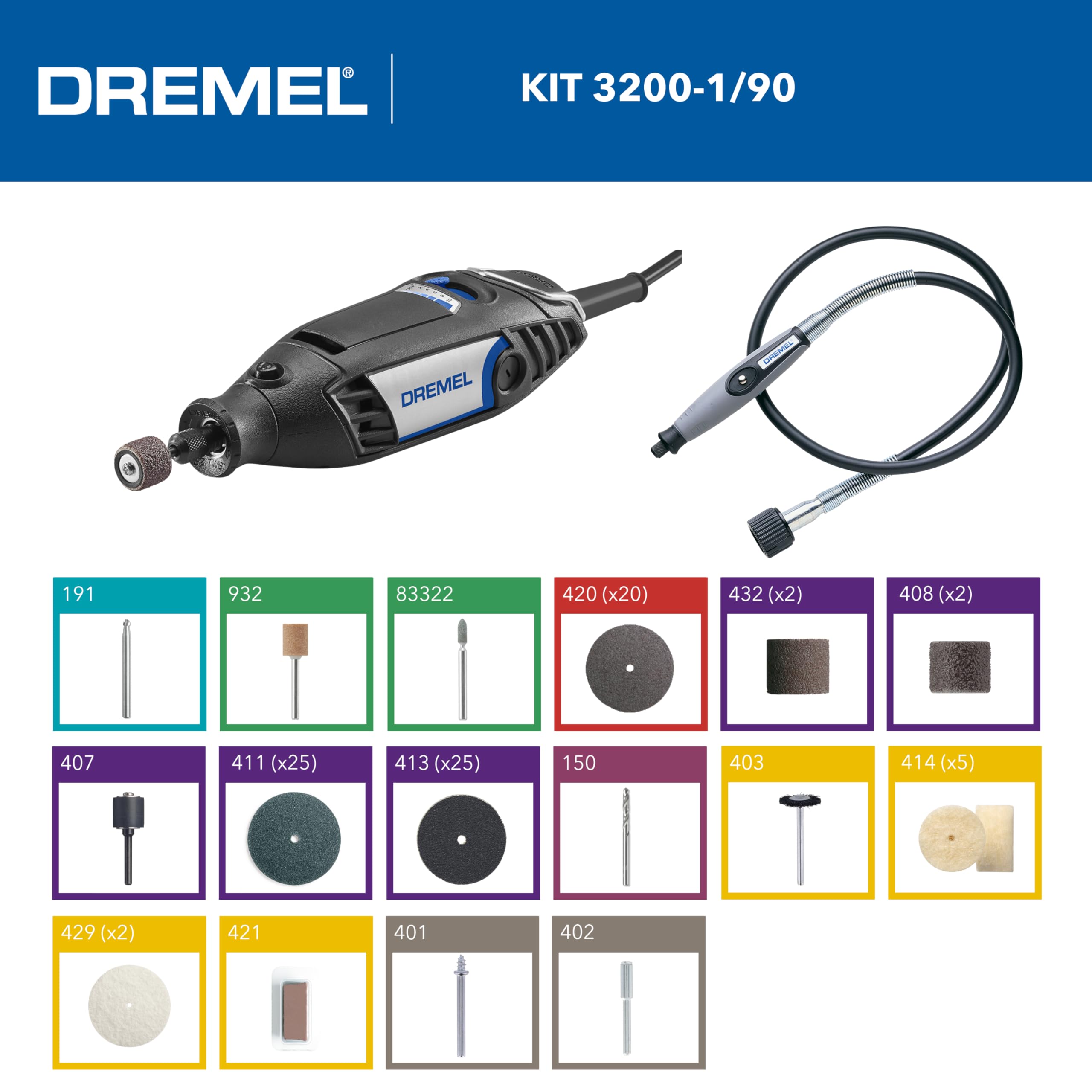 Dremel 3200 Multifunzione Rotativo 130W, Kit con 1 Albero Flessibile, 90 accessori, Velocità Variabile 10.000-35.000 giri/min para Taglio, Incisione, Intaglio, Pulitura, Foratura, Smerigliatura