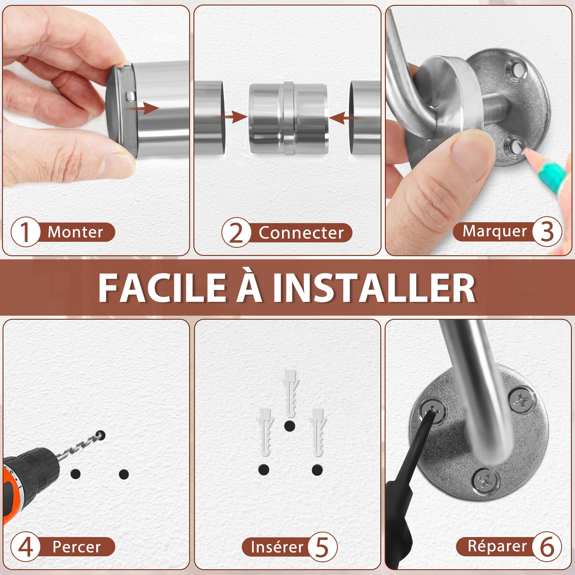 OUUTMEE 250CM Main Courante pour Escaliers en Acier Inoxydable, rond Ø 42 mm, Rampe d'Escalier Murale avec Support, Intérieure/Extérieure Main Courante pour Escaliers/Grenier/Terrasse/Porche et Garage