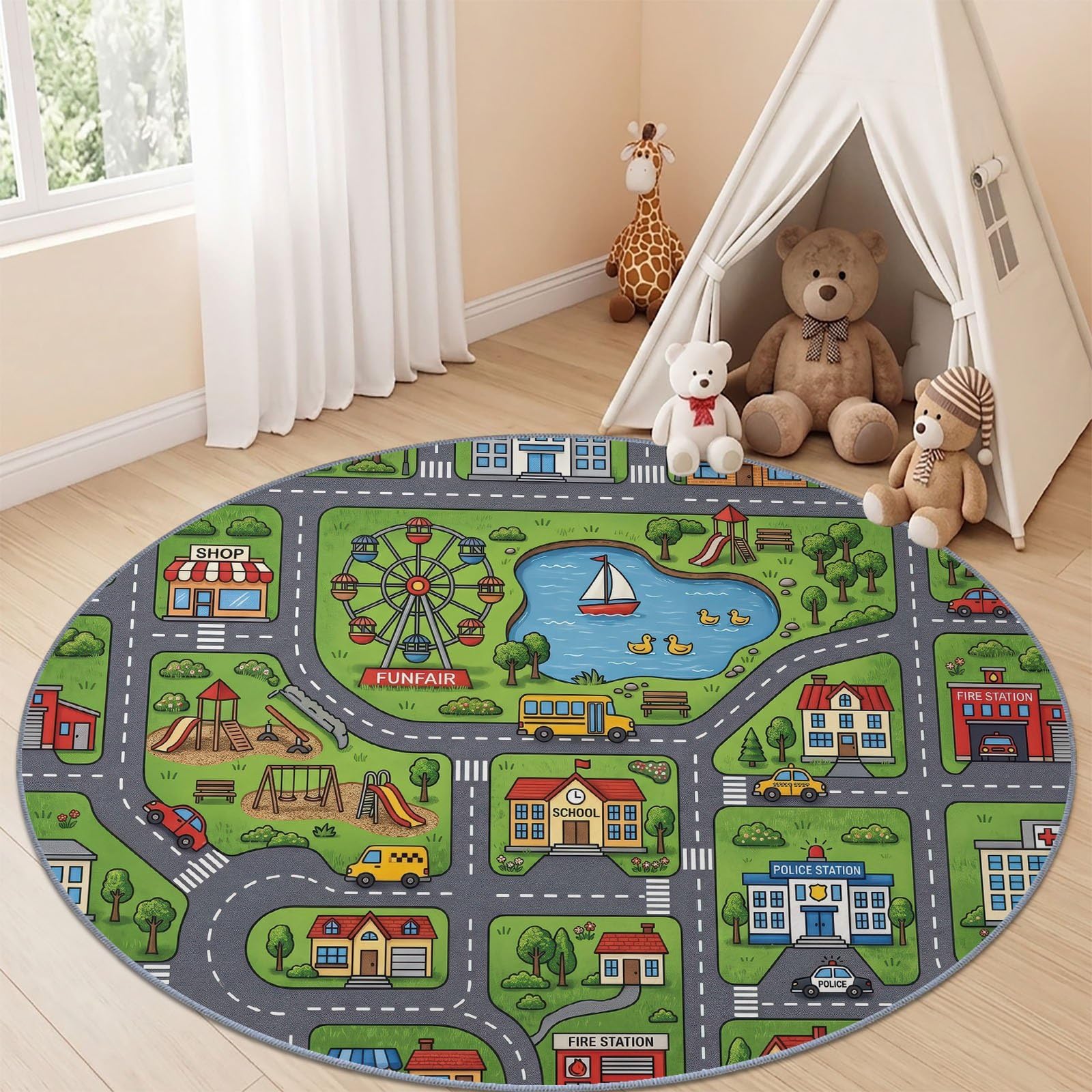 Tapis Rond Dessin Animé Ville 160 cm, Grande Roue Bus Scolaire Commissariat Lavable en Machine pour Salon, Antidérapant, Tapis Imprimé pour Salle à Manger, Chambre d’Enfant, Nurserie, Vert