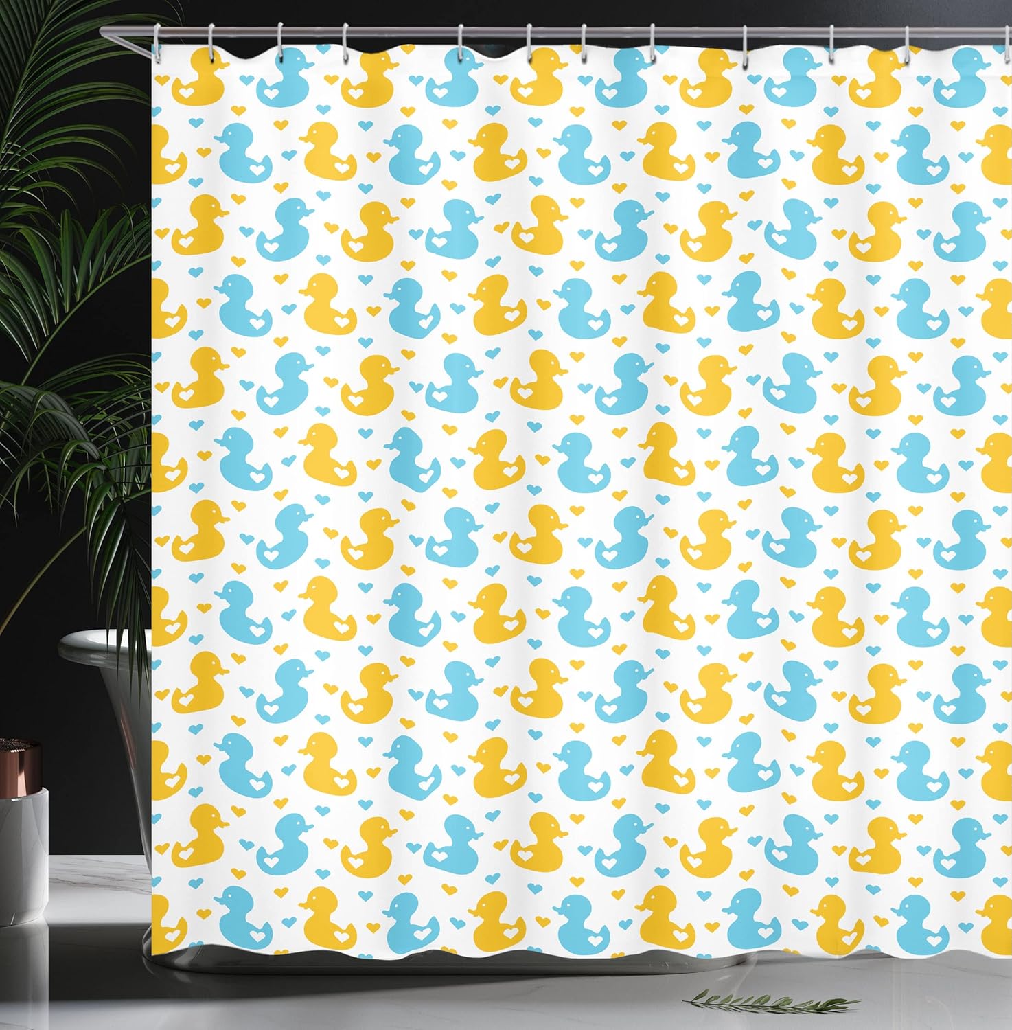 Ambesonne Rubber Duck Shower Curtain, Ducklings Pattern with Little Hearts Love Animals Print Room, Cloth Fabric Bathroom Decor Set with Hooks, 69" W x 75" L, Yellow Blue