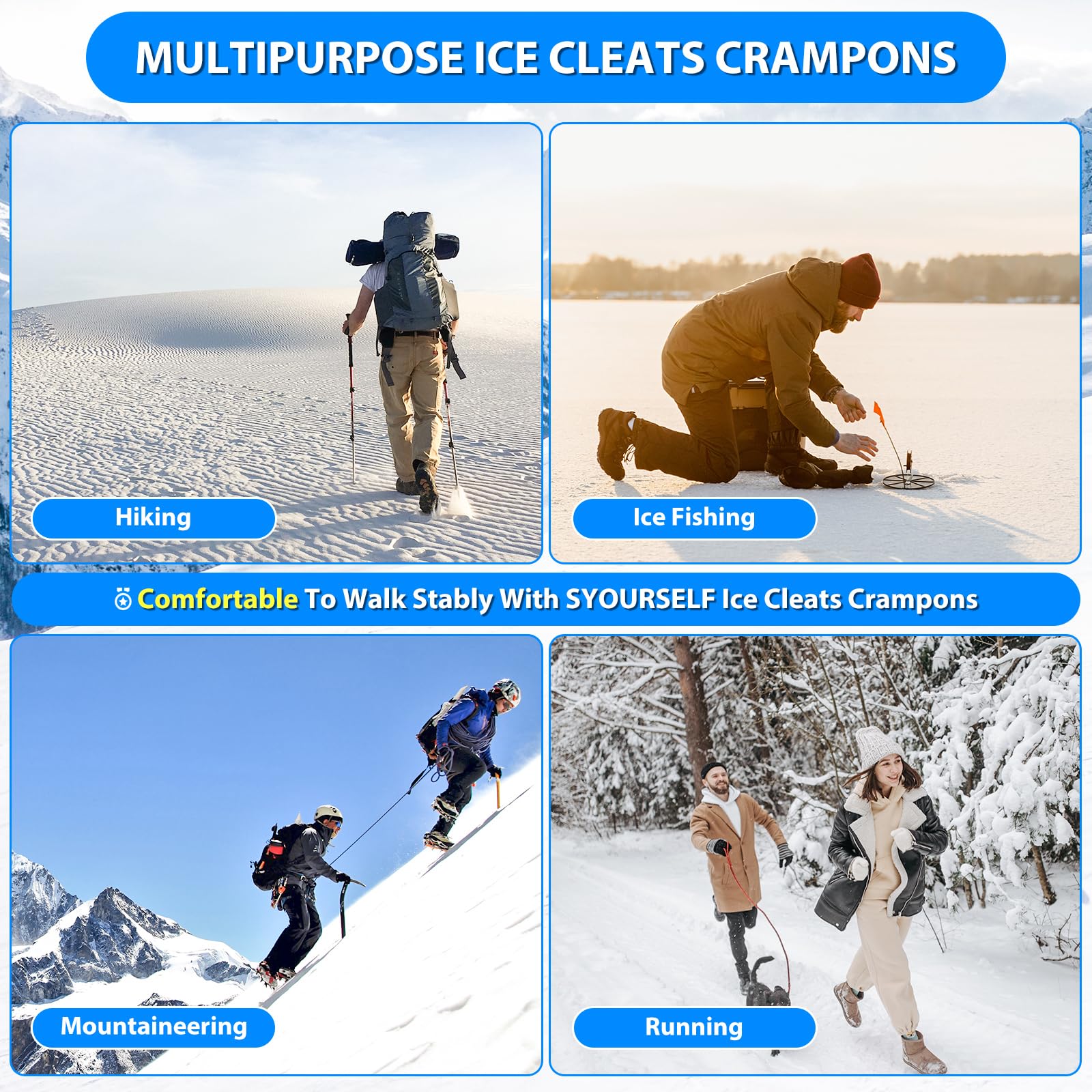 SYOURSELF Ramponi da ghiaccio per stivali invernali, ramponi antiscivolo per stivali da camminata, tacchetti di trazione per neve e ghiaccio, per bambini, donne, uomini, pesca, corsa, escursionismo