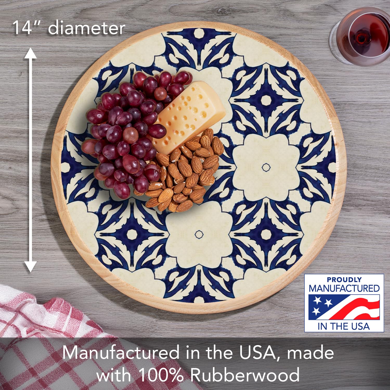 CounterArt Blue Tile Floral Wood Lazy Susan Turntable 14