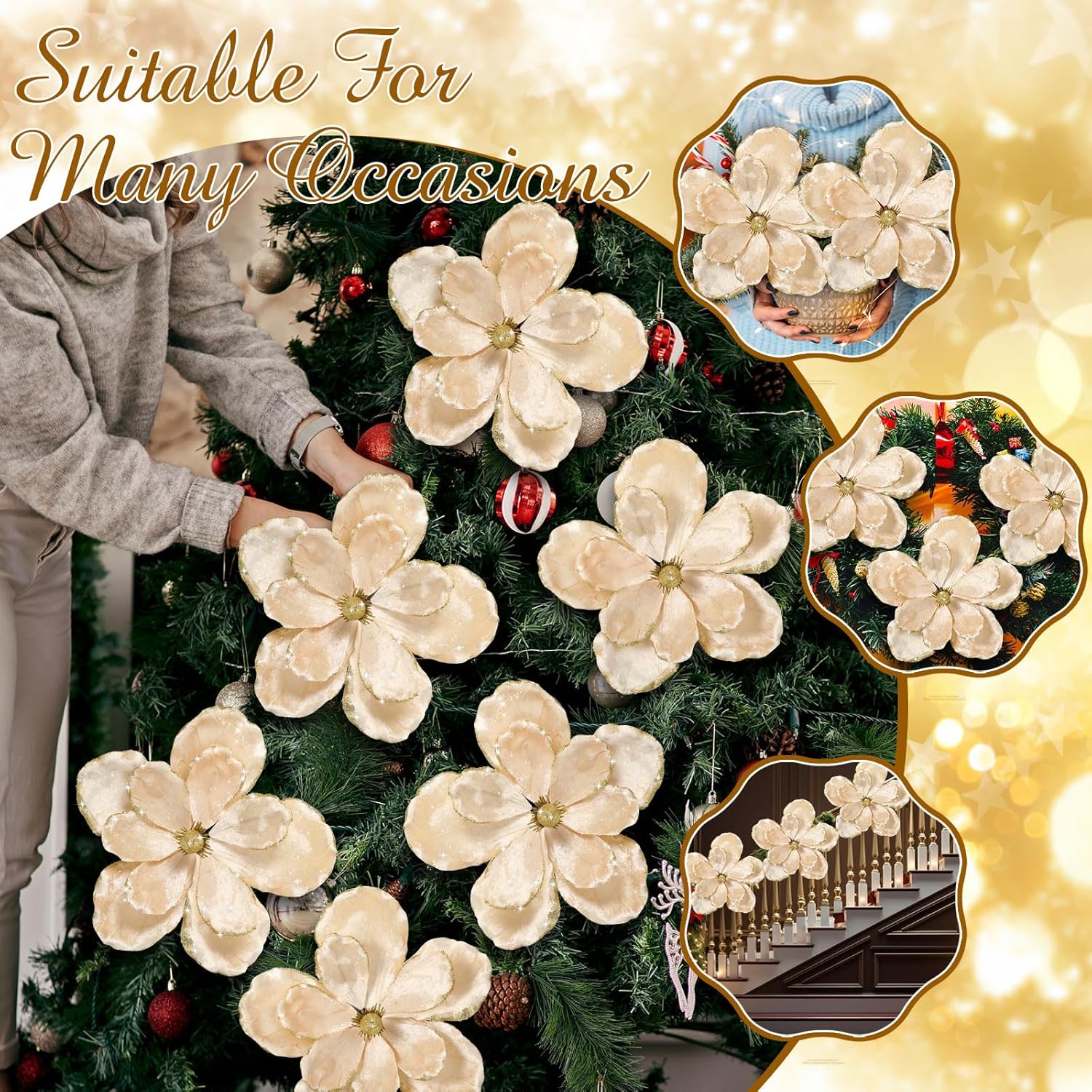 Suncalla 6 Pcs Large Christmas Glitter Flowers Velvet Christmas Magnolia Flowers 10 Inch Large Heads Artificial Poinsettia Picks Stems for Xmas Tree Ornaments Holiday Wedding Party Decor(Champagne)