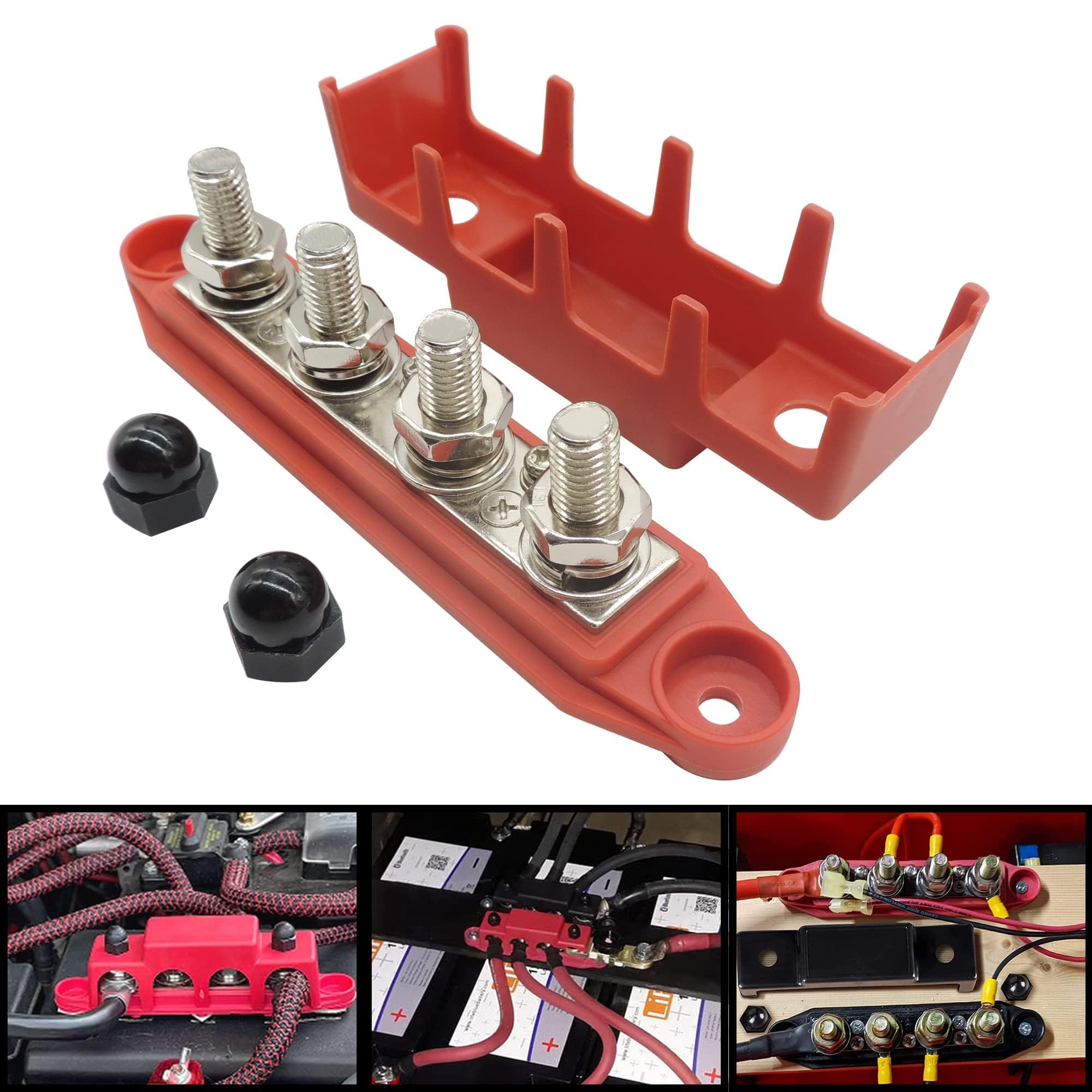 Sammelschienen Verteilerblock 250A BusBar Box mit 4 x M10 Klemmenbolzen Hochleistungsmodul 12V-48V Stromverteilungsblock Erdungsstrom DC 3/8" für Auto RV Boat Yacht (Rot Schwarz, 2PCS)
