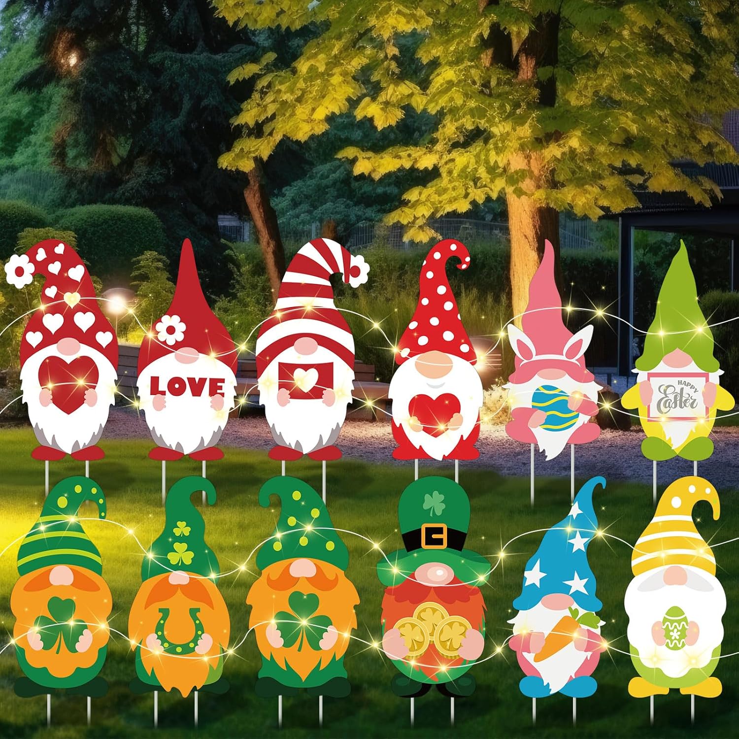 12 Pcs 14 Inches Valentine s Day Yard Signs with Stakes St. Patrick's Day Easter Outdoor Gnome Yard Signs with 3 Pcs String Lights Gnomes Decorations Signs for Yard Garden Lawn Decor