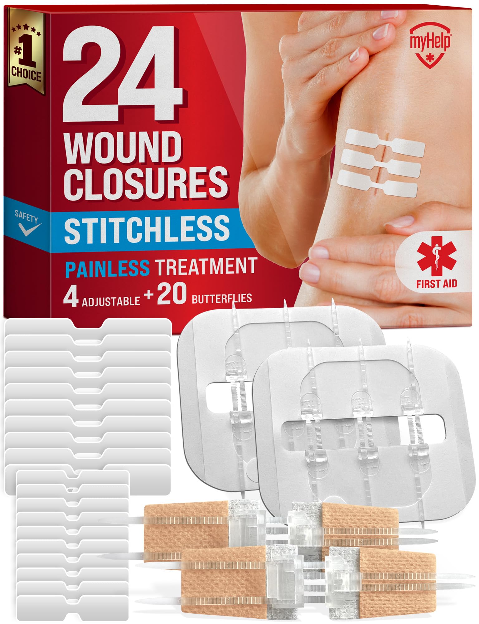 Emergency Wound Closure Strips - 24pk - 3 Types Easy to Use Butterfly Bandages - Stitchless & Painless Laceration Closure Kit