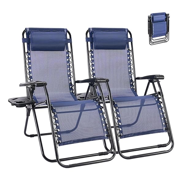 NEWBULIG Zero Gravity Chair Set of 2, Lounge Chair Folding Portable Adjustable Camping Reclining Chairs with Adjustable Pollow, Mesh Back, Cup Holder Trays Lawn Patio Chair for Pool Beach - Blue