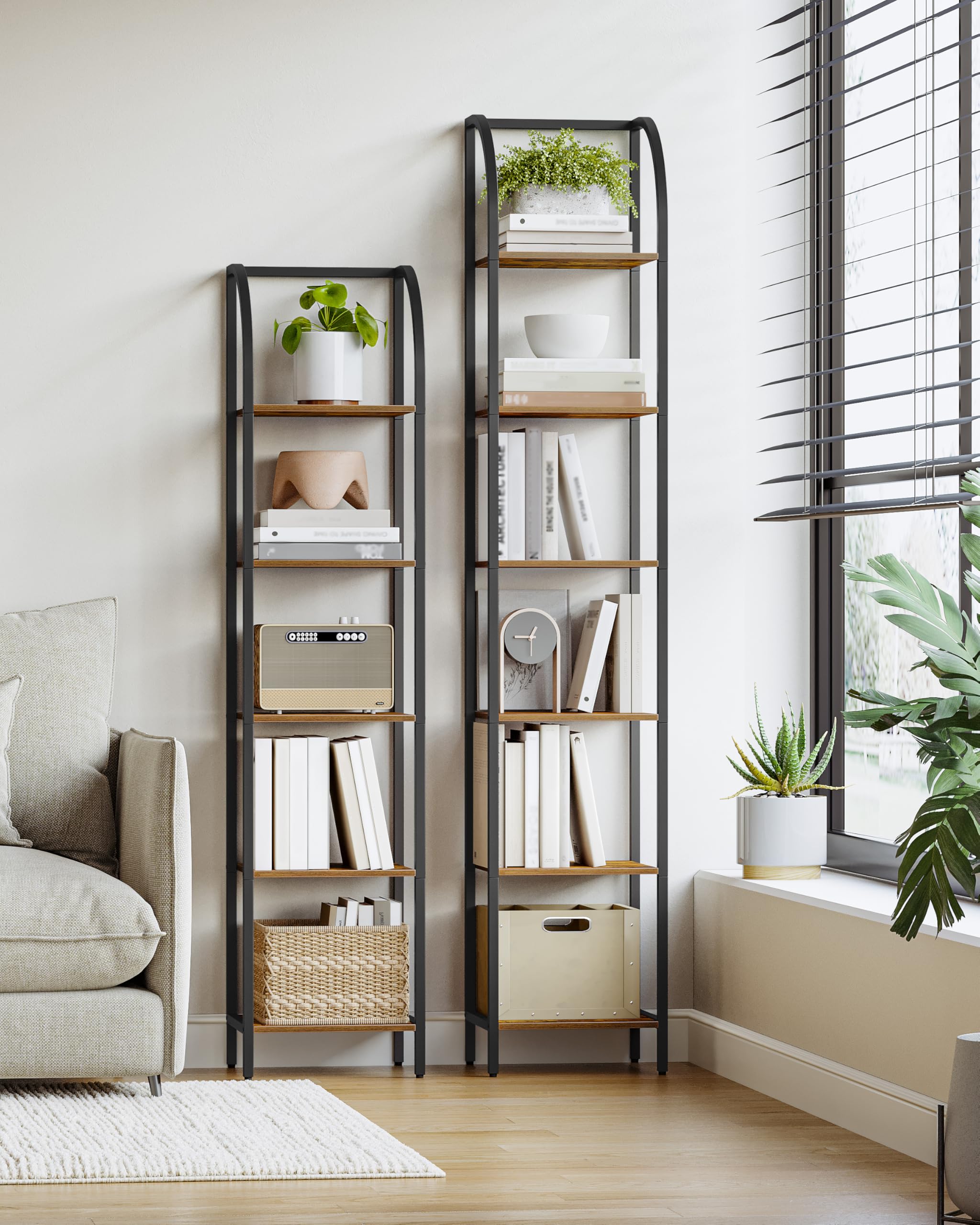 Hzuaneri Libreria Alta a 6 Ripiani, Scaffale Aperto, Struttura In Metallo, Stile Industriale, 30 x 30 x 178,6 cm, Adatta Per Studio, Soggiorno, Camera Da Letto, Cucina, Marrone Rustico BC56001B