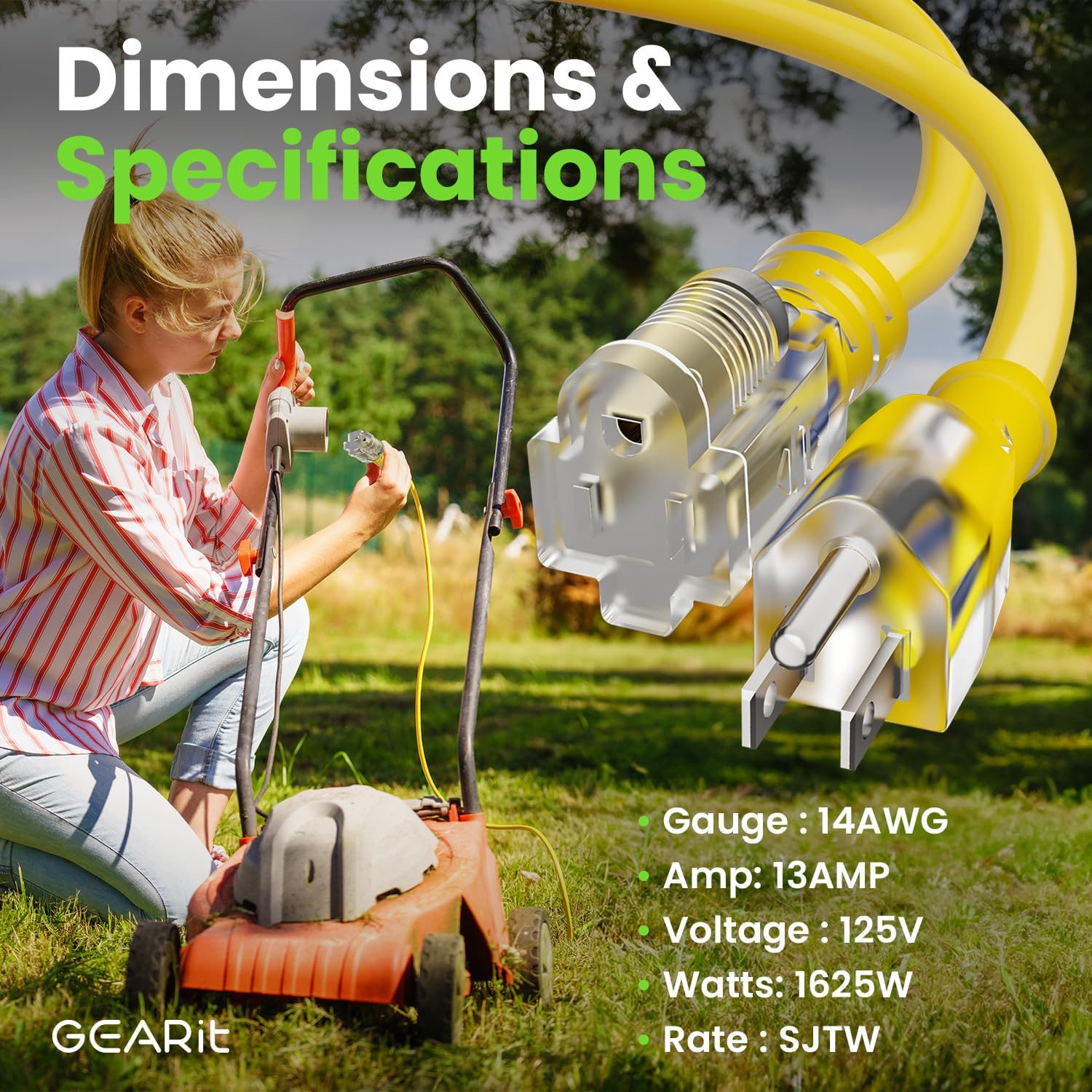 Three images showing the 14 AWG extension cord being used with a drill, a belt sander, and a leaf blower.
