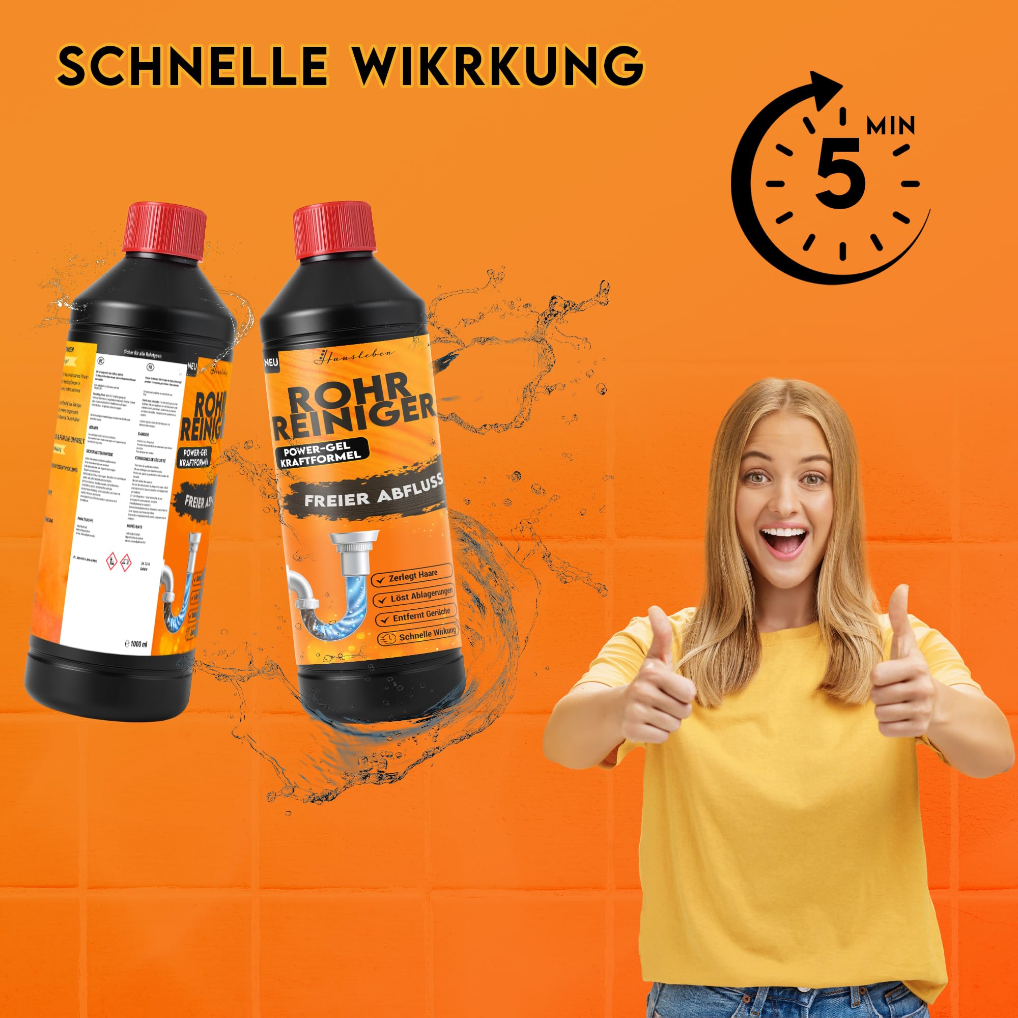 hausleben Abflussreiniger EXTRA STARK 6x1000ml – Rohrreiniger Power-Gel gegen Haare, Fett & Verstopfungen für Küche, Bad, Dusche und Abflussfrei