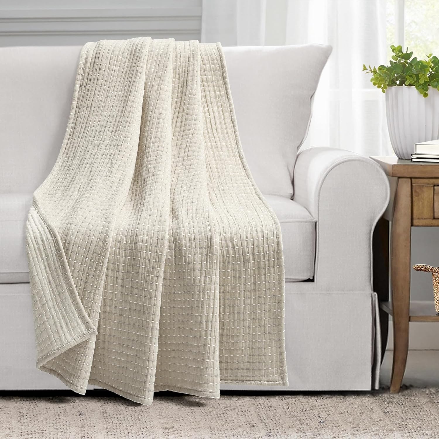 Lush Decor Solid Kantha Pick Stitch Yarn Dyed Cotton Woven Throw Blanket, 60" x 50", Light Gray