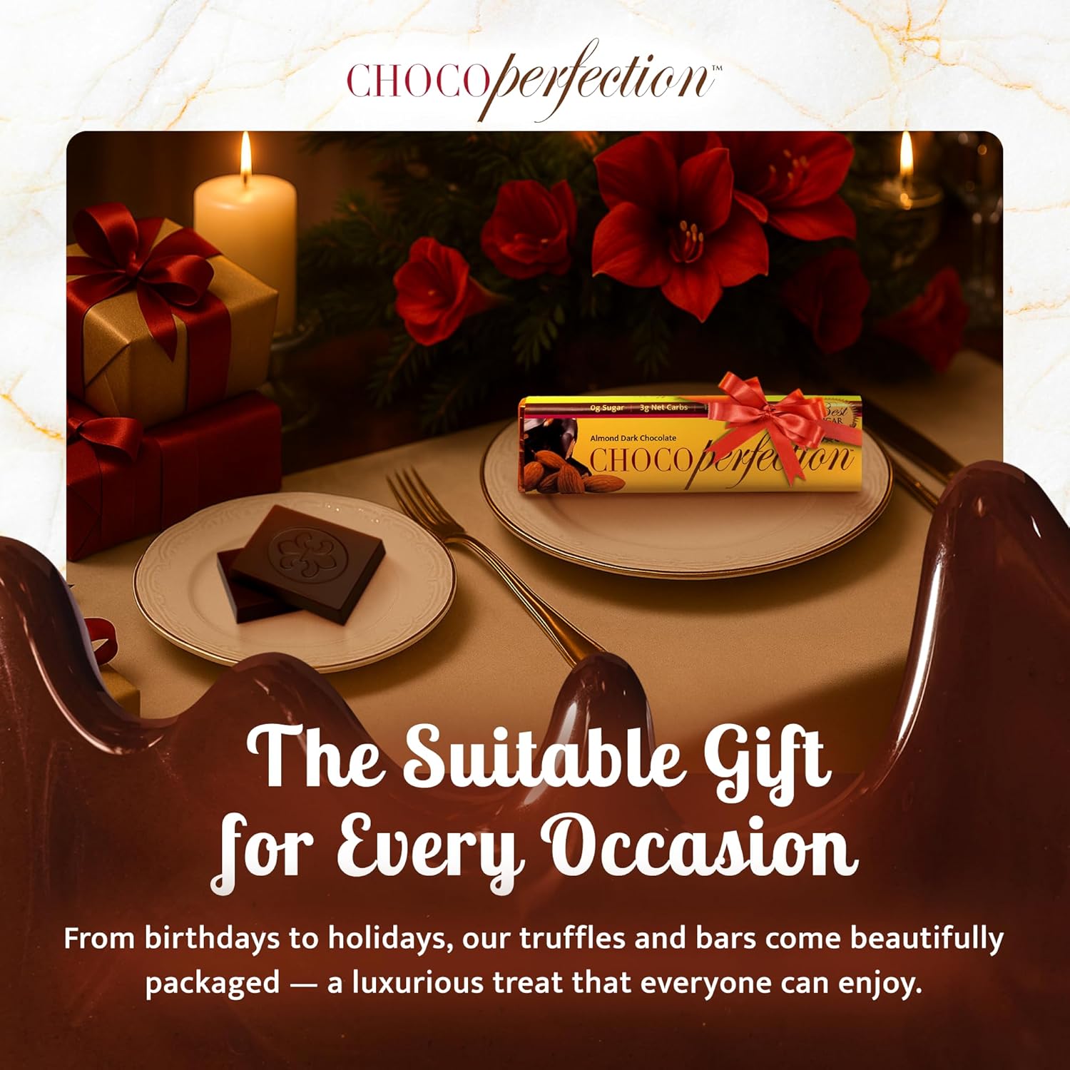 ChocoPerfection Dark Almond Sugar Free Chocolate, Gift Box of 12 50g Bars