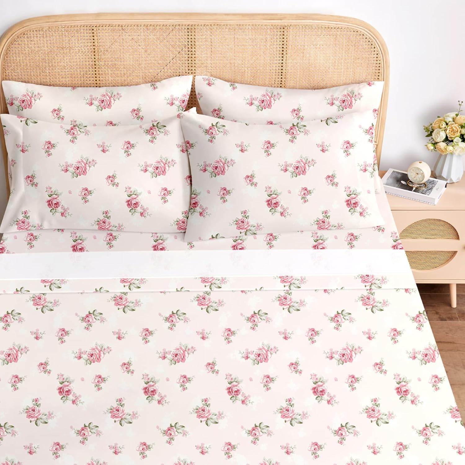 BYSURE Queen Sheet Set 6 Pieces (Pink Rose Floral), Cottage Core Botanical Patterned Sheets, Victorian Flower Microfiber Bedding Decor