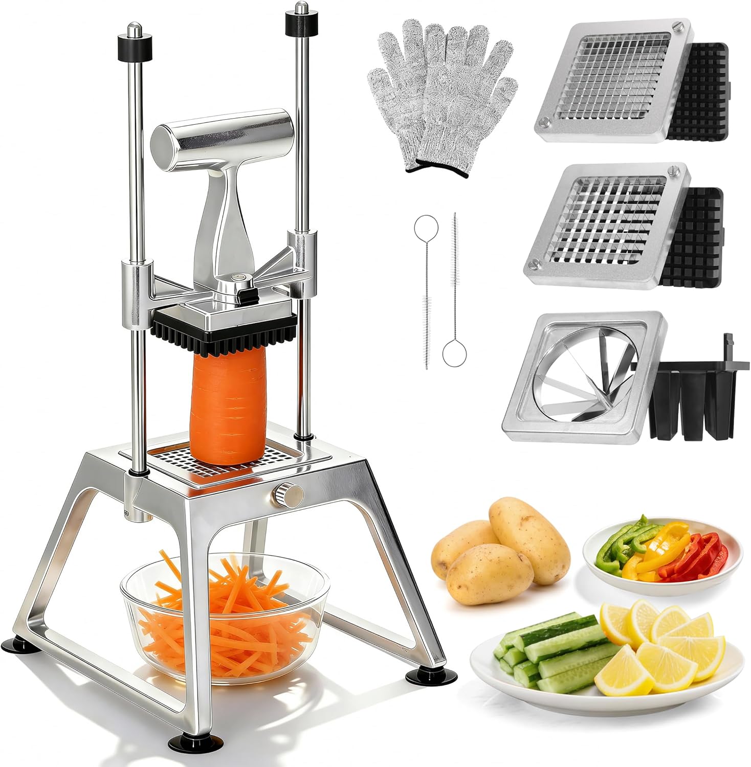Commercial Vegetable Chopper & French Fry Cutter, Stainless Steel Manual Dicer, 3 Blades (1/4", 3/8", 8-Wedge), Suction Base, Fast Tomato Onion Potato Cutter for Restaurant & Home Kitchen