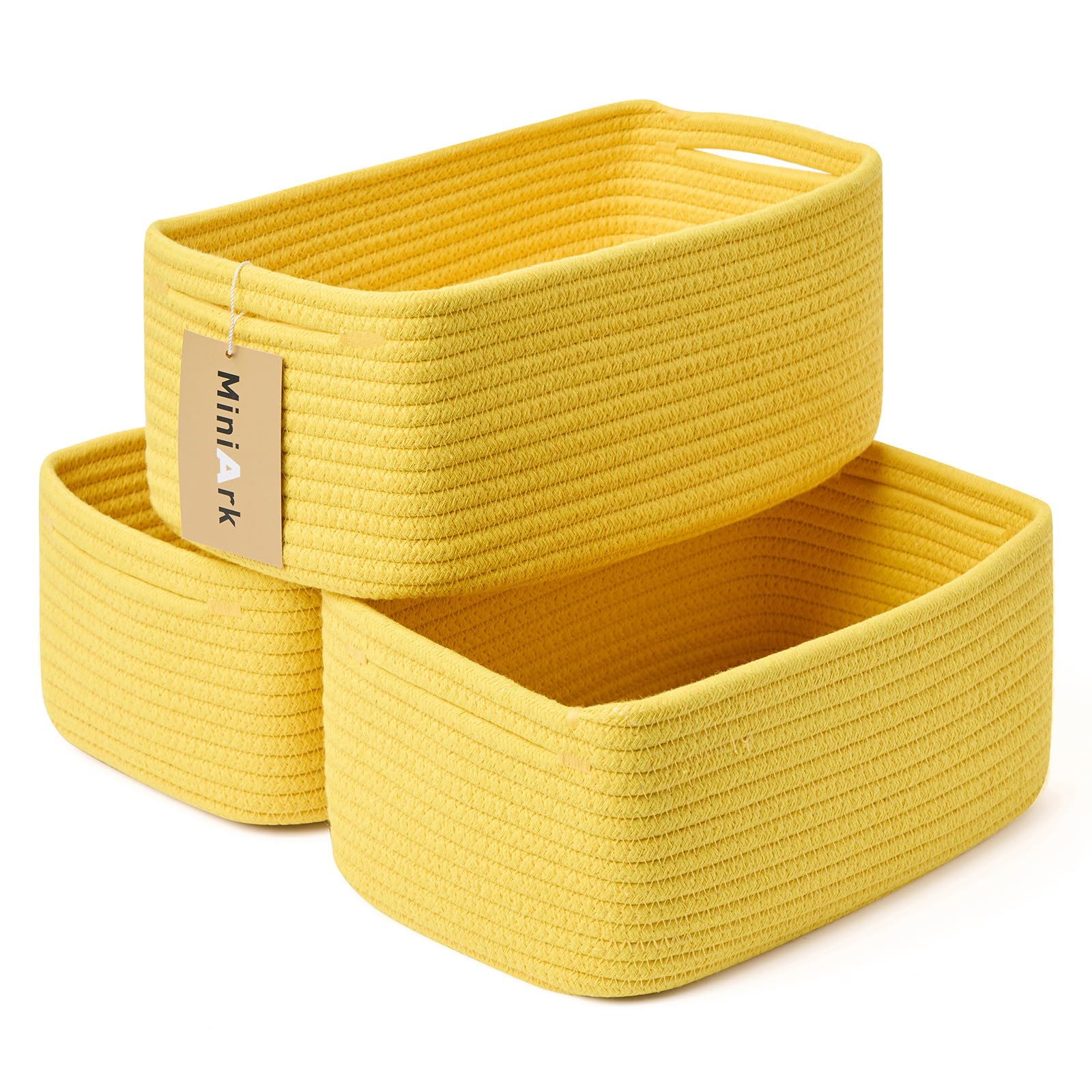 MiniArk Small Storage Baskets for Organizing | Closet Organizer Bins | Shelf Toy Basket | Woven Rope Baskets | Cube Decorative Box | Shallow Basket | 13x8.5x5.1” | 3 Packs Yellow — image 1