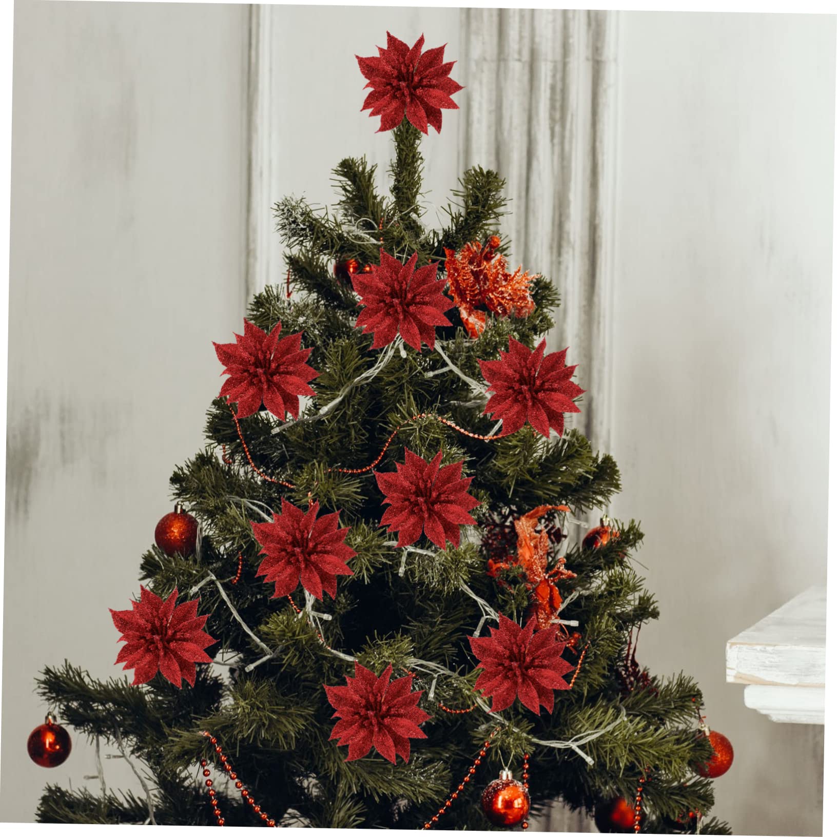 Pendentif De Noël Fleur en Tissu Rouge Paillettes 12 Pièces Décoration d'arbre De Noël Intérieure Et Extérieure Fournitures De Fête