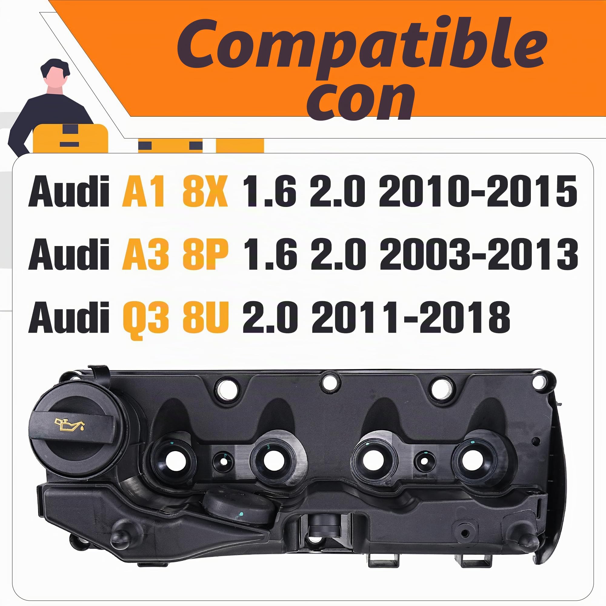 Tapa de balancines del motor con junta compatible con Audi A1 8X A3 8P Q3 8U Altea XL Ibiza 6J Leon 1P Octavia Superb Mk2 Golf Mk6 Polo 6R 6C 1.6 2.0 Reemplaza # 03L103469R, 03L103483C