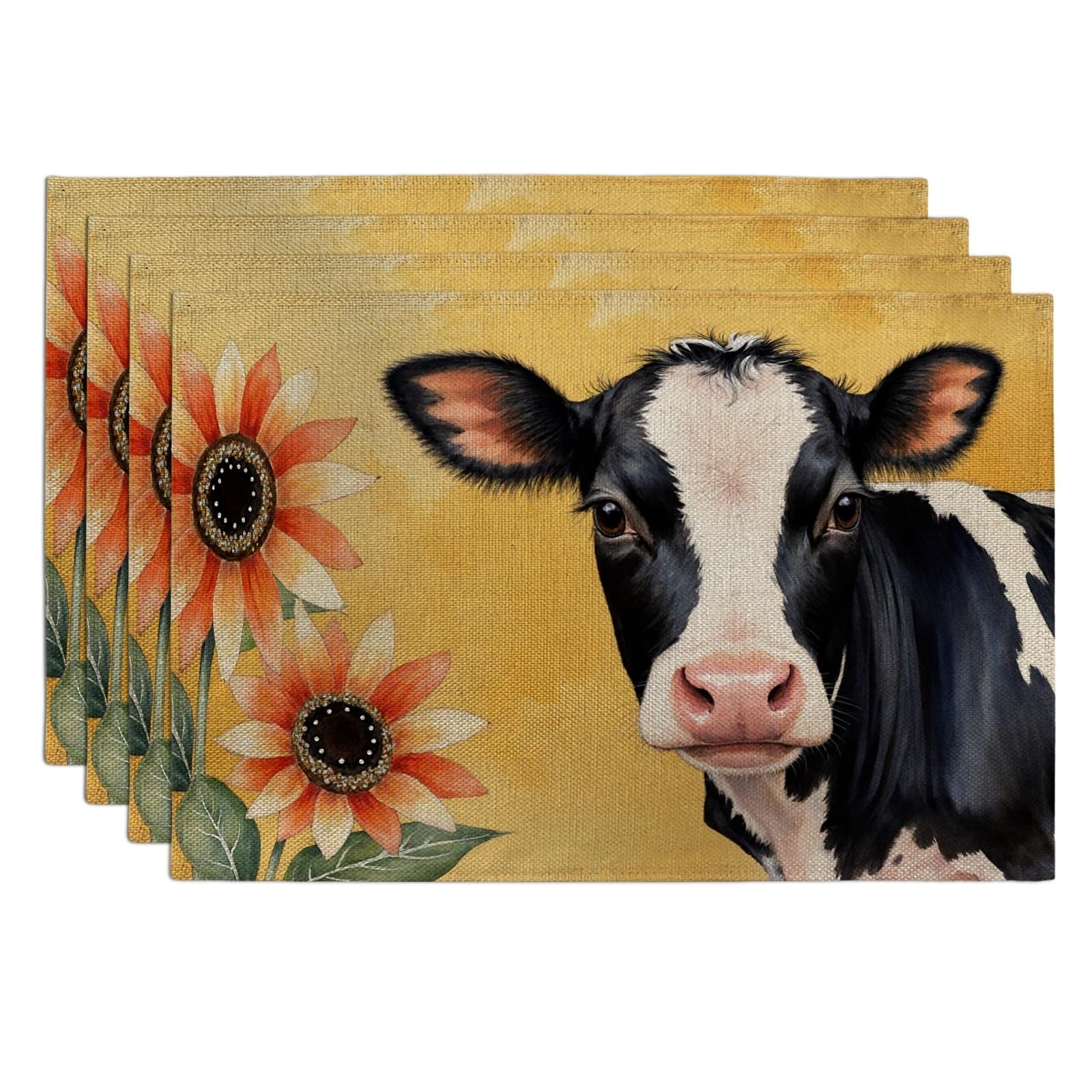 Cow and Sunflower Placemats, Rustic Farmhouse Decorative Place Mats for Dining Table, Summer Kitchen Indoor Outdoor Party Non-Slip Washable Set of 4