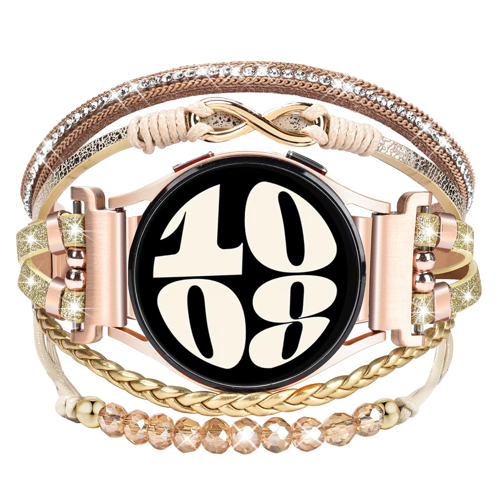 Boho Leather Bracelet for Samsung Galaxy Watch 8/7/6/5/4 Band 40mm 44mm Women, 20mm Handmade Multilayer Beaded Watch Bands for Watch 8 6 Classic 43mm/