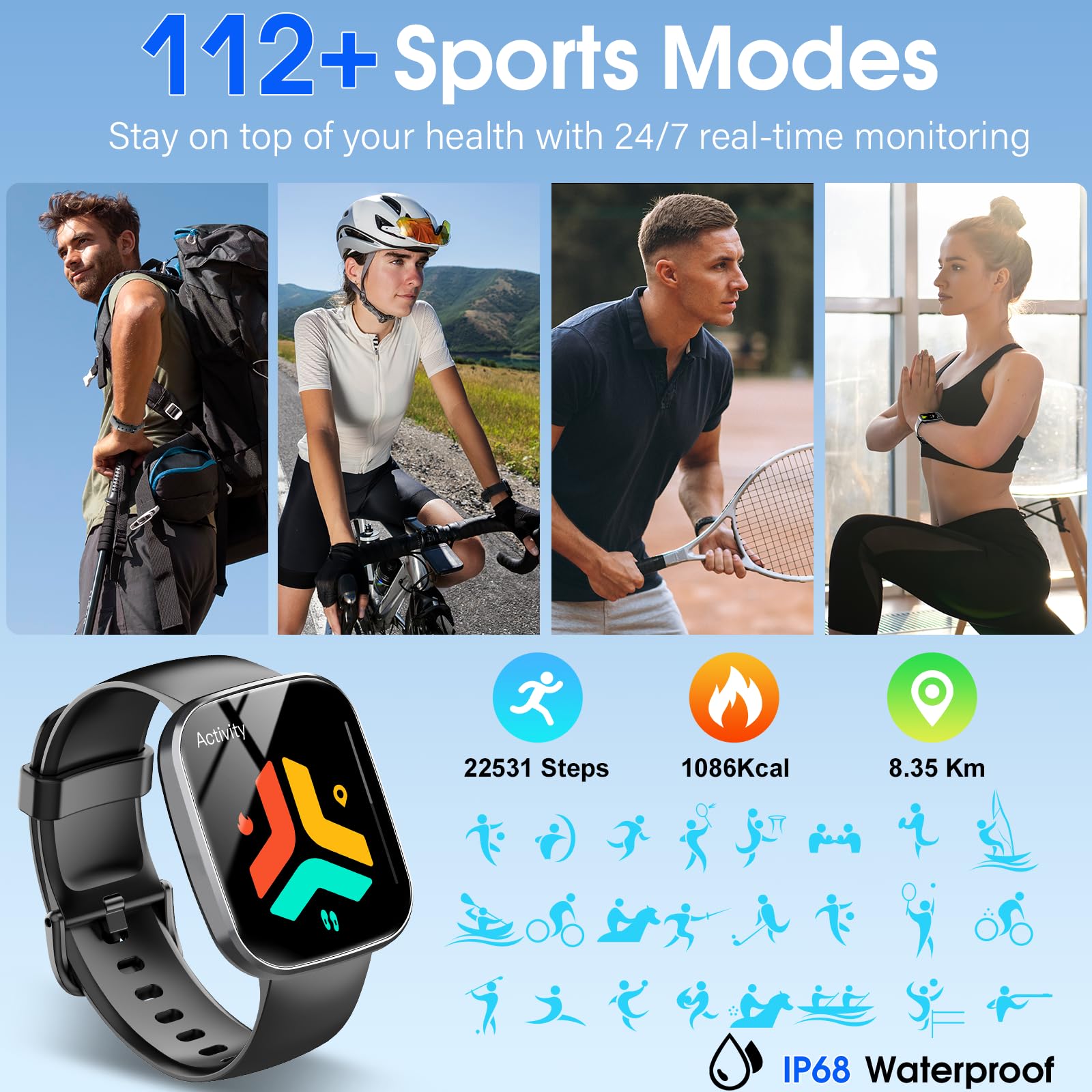 Csasan Smartwatch Uomo Donna con Effettua/Risposta Chiamate, 1.91'' HD Orologio Smartwatch con Contapassi/Sonno/Cardiofrequenzimetro, 110+ Modalità Sportive Fitness Tracker Impermeabile IP68, Nero