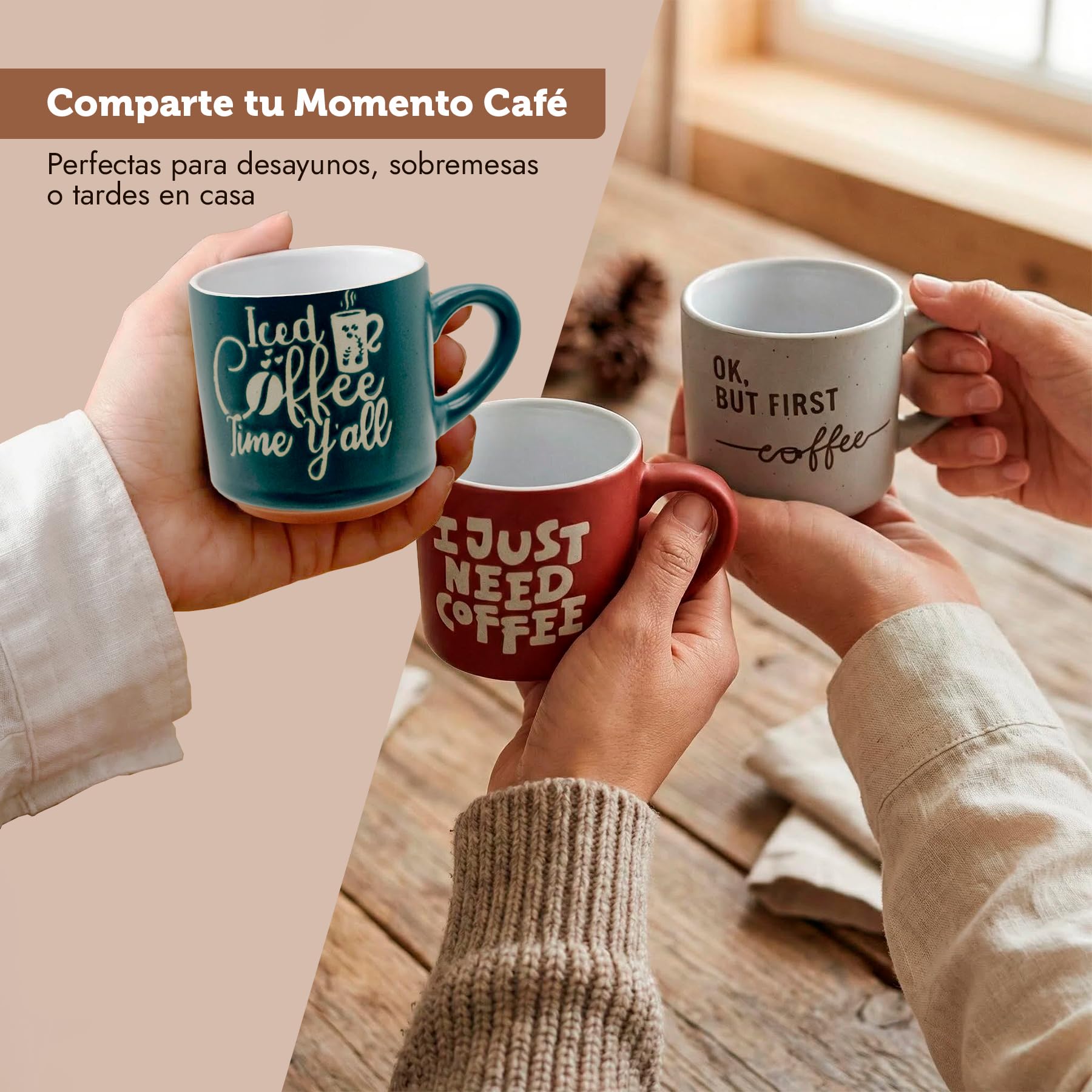 Set de 6 Tazas de Café de Cerámica con Frases Divertidas – Tazas Apilables para Espresso, Café con Leche o Americano – Aptas para Microondas y Lavavajillas – Caja Regalo con 6 x (Lungo / Con Leche) — view 8