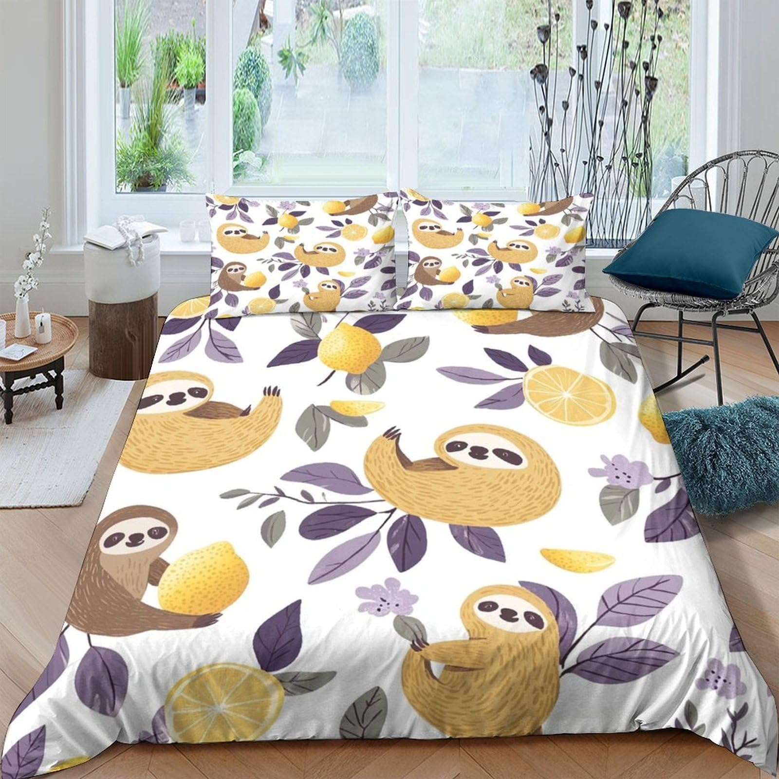 Ctjqhvkz Style-7 3D Printed Cartoon Sloth Fitted Sheet Microfiber Yellow Leaves Mattress Cover For Bedroom Dorm Mattress Protection Decor Single（135X200cm）