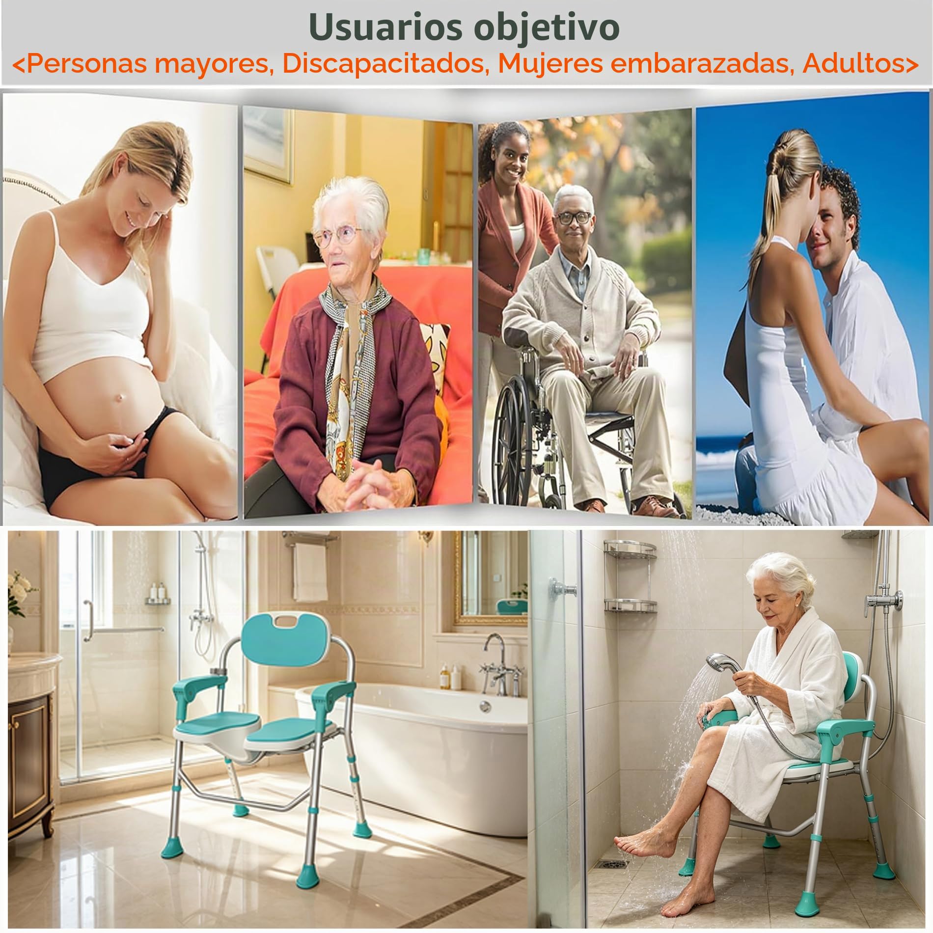 Silla de Ducha Plegable para Personas Mayores, Discapacitados y Embarazadas | Asiento 3D para Higiene Íntima | Antideslizante | Altura Ajustable | Respaldo y Reposabrazos, Capacidad 150 kg