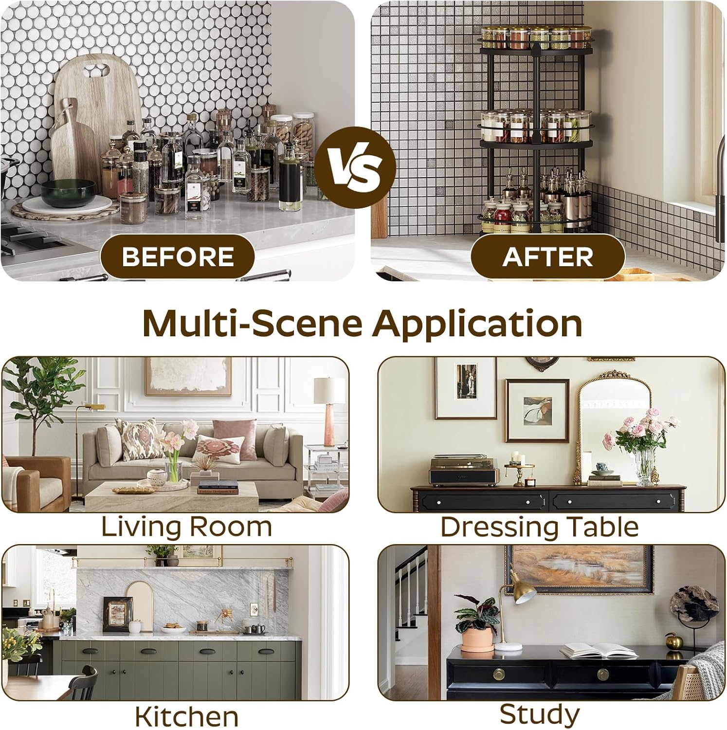 YATINEY 3-Tier Lazy Susan Organizer, Rotating Spice Rack, Spinning Organizer, Industrial Turntable Spice Rack Organizer for Cabinet, Kitchen Countertop, Pantry, Black SR23BK