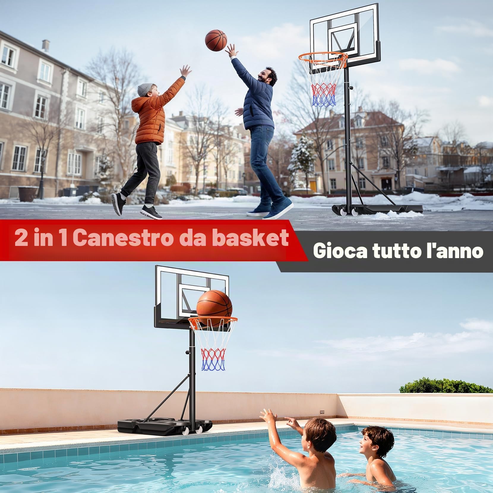 Canestro da Basket Esterno 100-305cm, Canestro da Basket per Bambini e Adulti, Pannello Posteriore in PC Ad Alta Resistenza, 2 Reti Resistenti alle Intemperie
