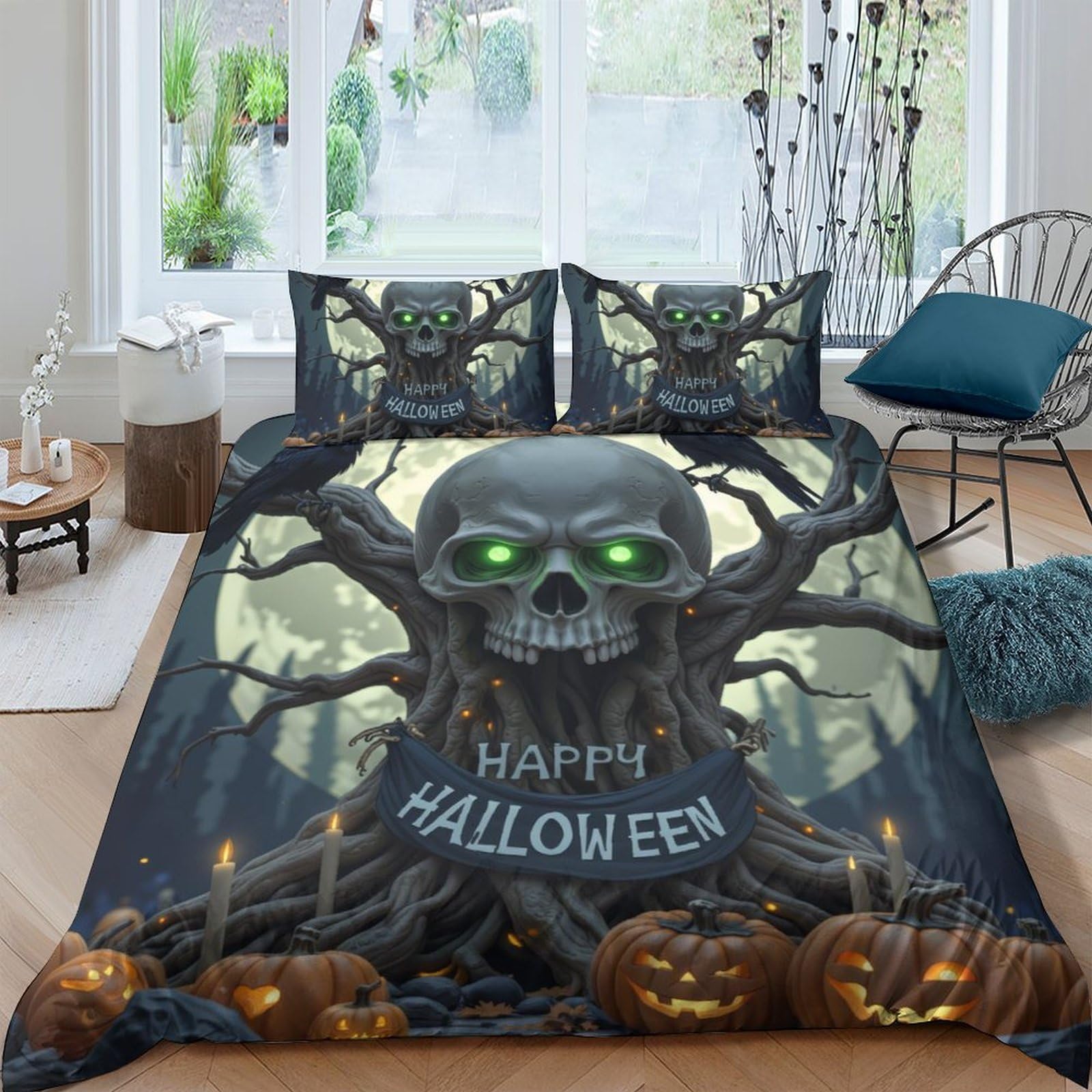 Ctjqhvkz Style-5 3D Printed Halloween Skull Fitted Sheet Microfiber Anti-Slip Glow Pumpkin Bed Cover For Bedroom Guest Room Mattress Protection Decor Single（135X200cm）