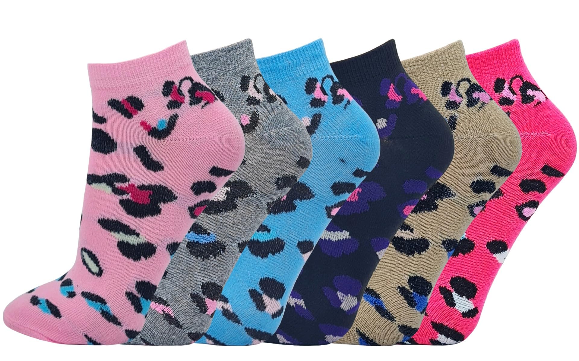 Ladies Trainer Socks 12 Pairs Womens Girls Neon Stripes Striped Leopard Design Shoe Liners Sportswear Multi-Sport Adults 4-7 (UK, Numeric, 4, 7, Regular, Regular, Leopard)