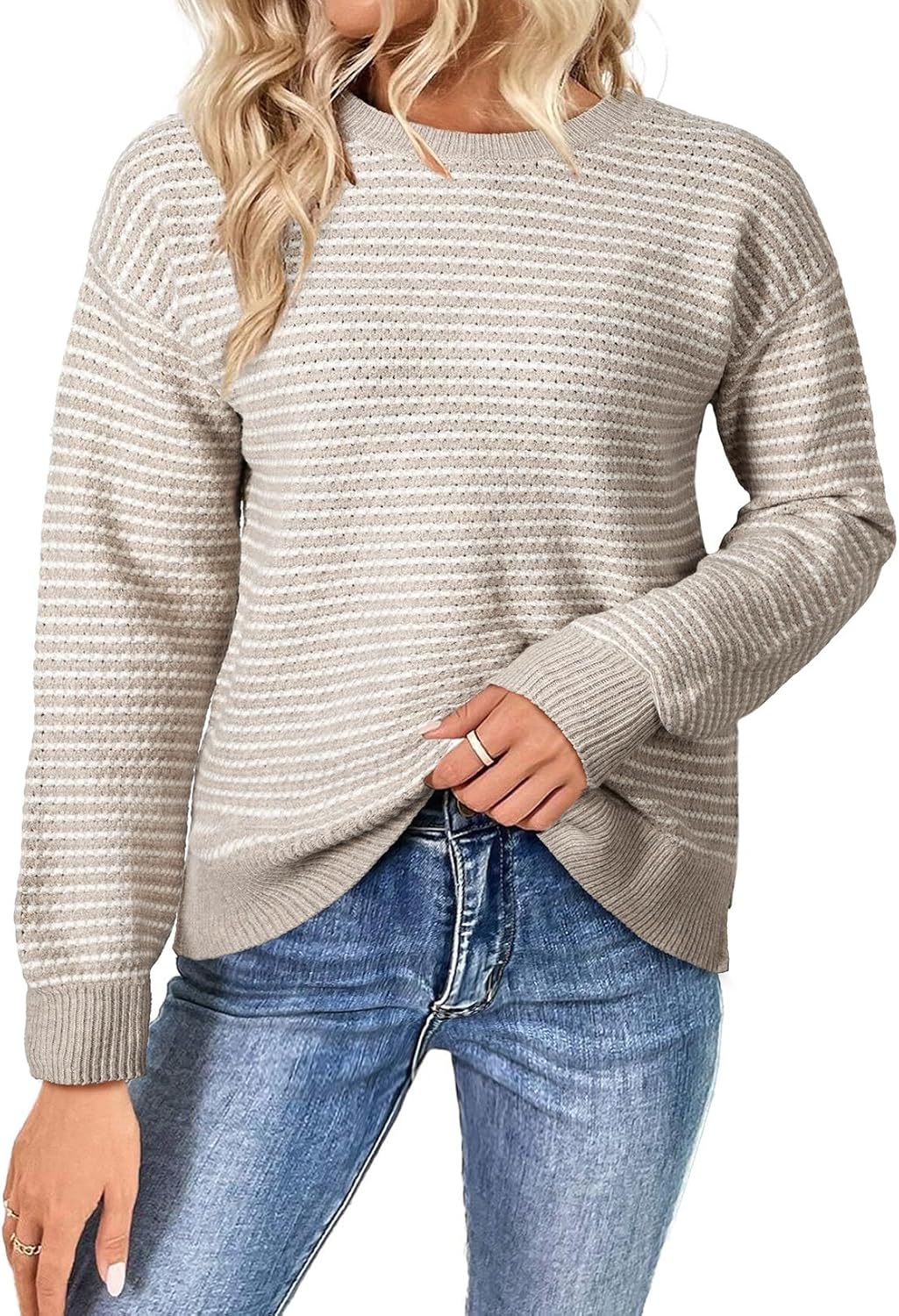 SHEWIN Women's Long Sleeve Crewneck Striped Side Split Pullover Sweater