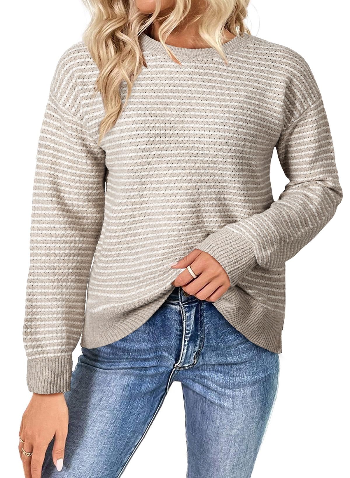 SHEWIN Womens Long Sleeve Crewneck Sweaters Casual Knit Striped Side Split Pullover Sweater Tops