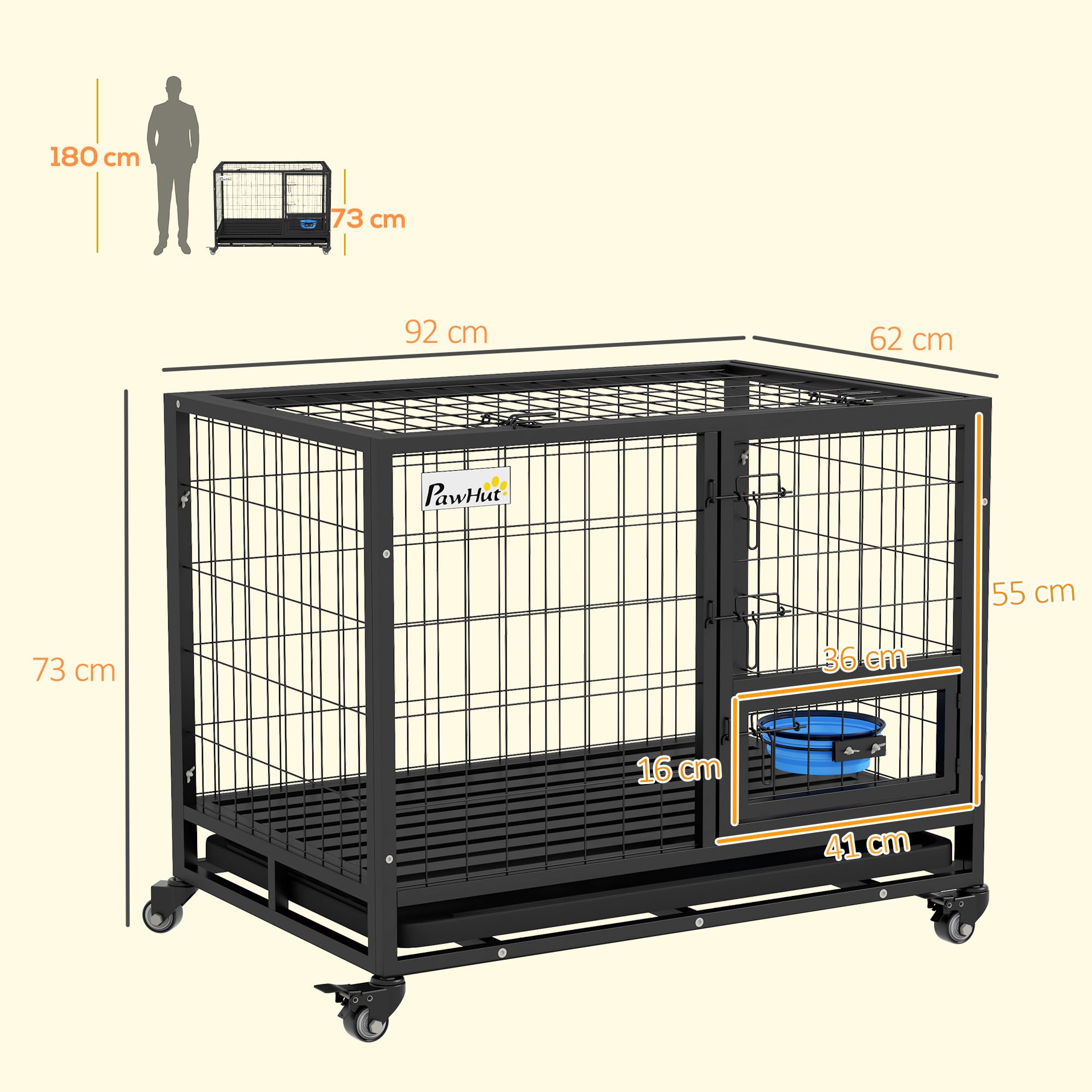 PawHut Cage pour Chien Animaux Cage de Transport sur roulettes avec 2 Portes verrouillables Support de gamelle Plateau Amovible en Acier dim. 92L x 62l x 73H cm Noir