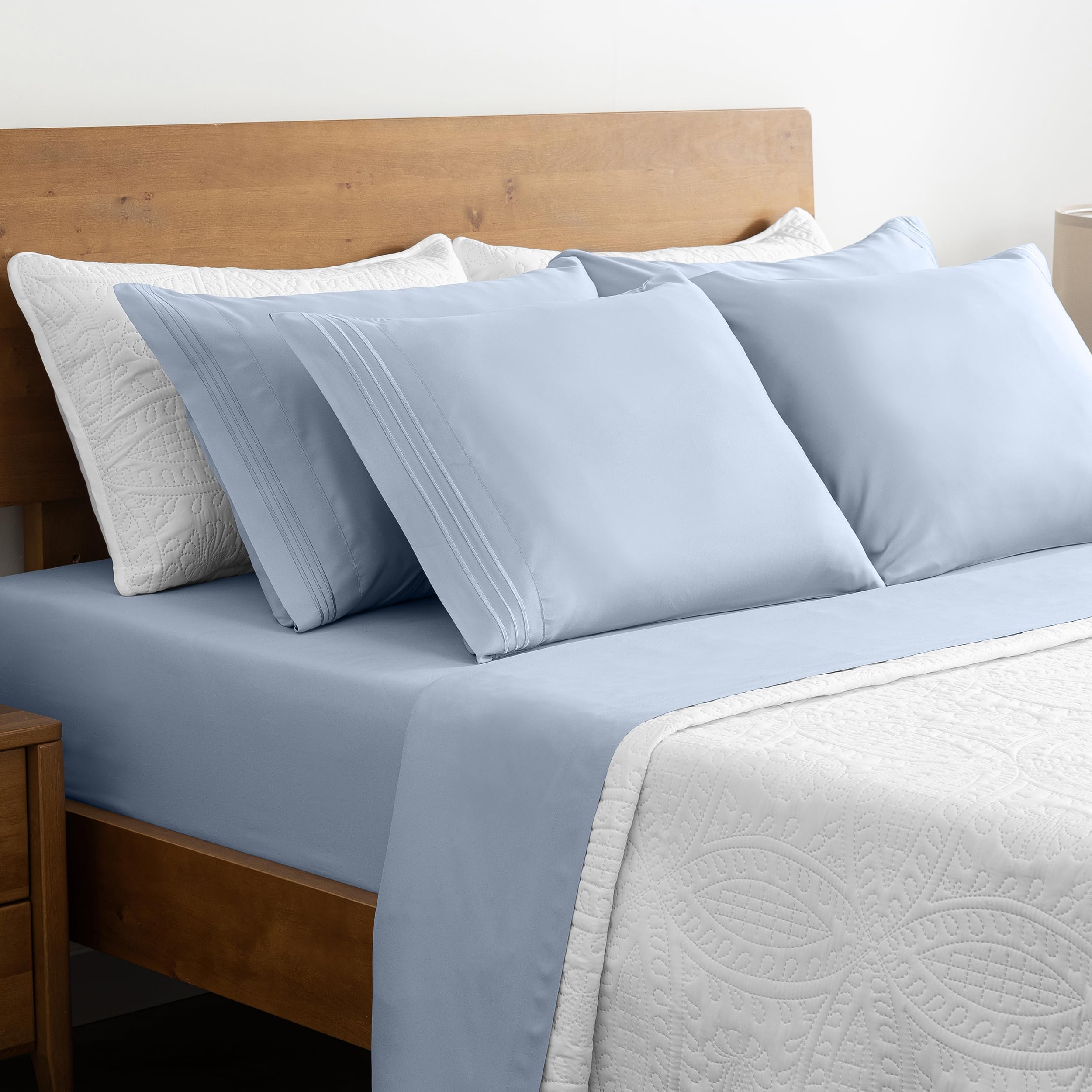 Mellanni Bedspread Coverlet Set + 6PC Sheets Set Bundle&Save - Iconic Collection Bedding - Bundle Includes: 3 Piece Oversized Quilt Set and 6 Piece Bed Sheet Set (King, White/Blue Hydrangea)