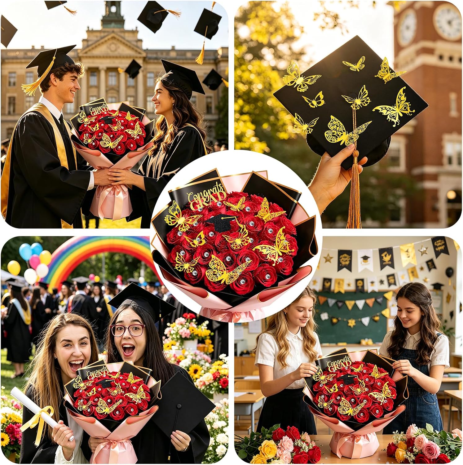 JarThenaAMCS 241Pcs Glitter Graduation Flower Bouquet Kit 80 Black Pink Gold Trim Floral Wrapping Paper 48 Gold 3D Butterfly 8 Grad Toppers 100 Corsages Pins Ribbons Tools for 2026 Congrats Grad Decor