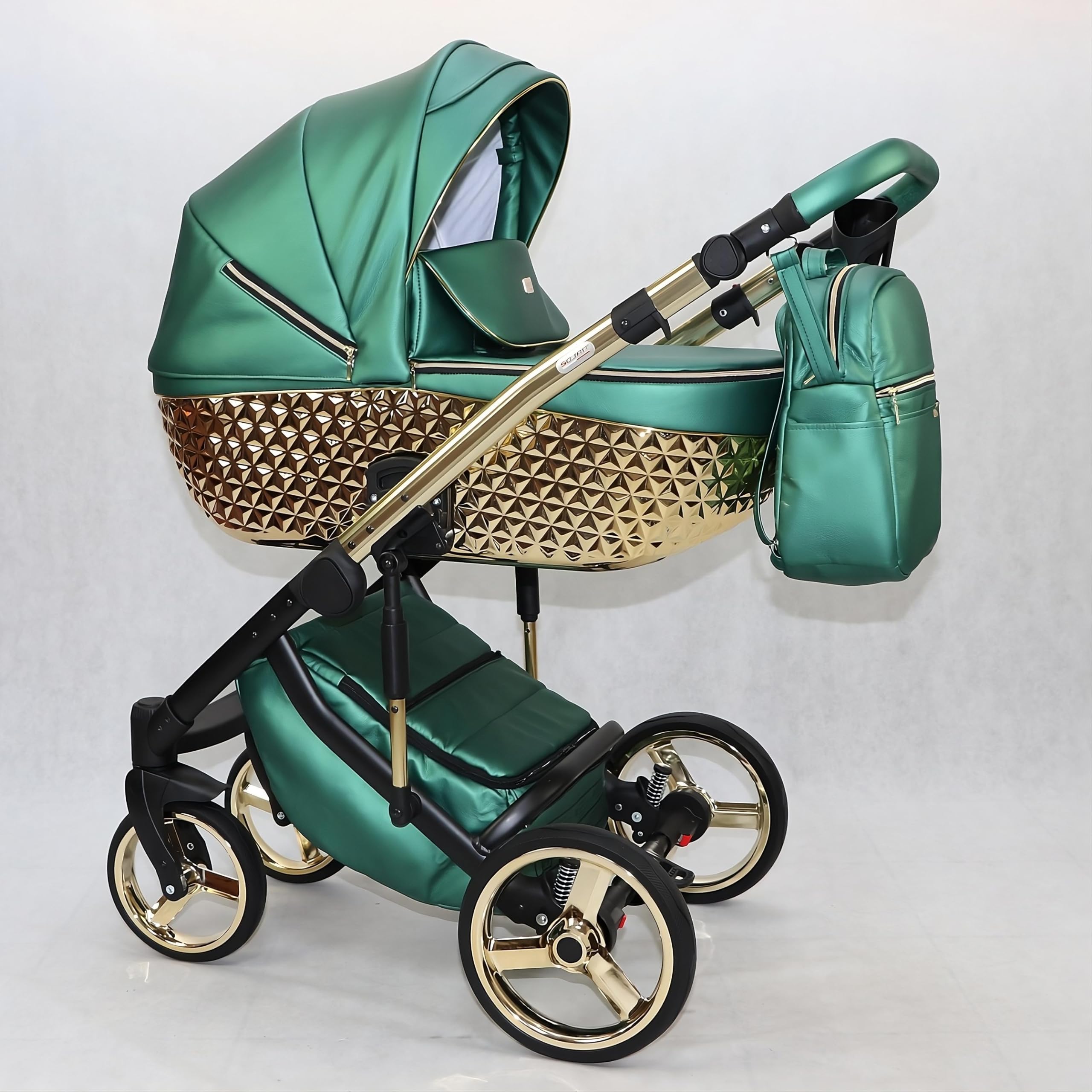 Passeggino Happy Gold Trio BBtwin ecopelle 3 pezzi passeggino bambino 3in1 pelle e oro dettagli dorati (verde)