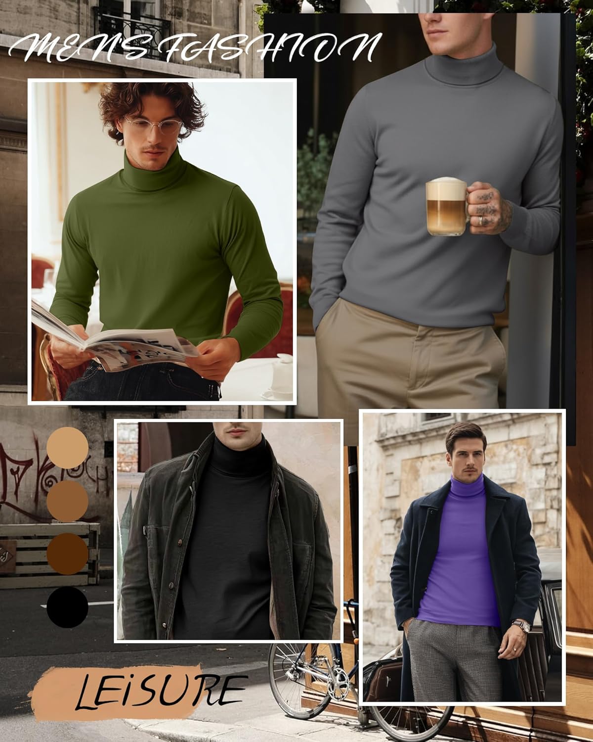 7 Pack Men's Turtleneck Tops, Long Sleeve Basic Pullover Sweaters Casual Slim Fit Lightweight Tees - Image 3