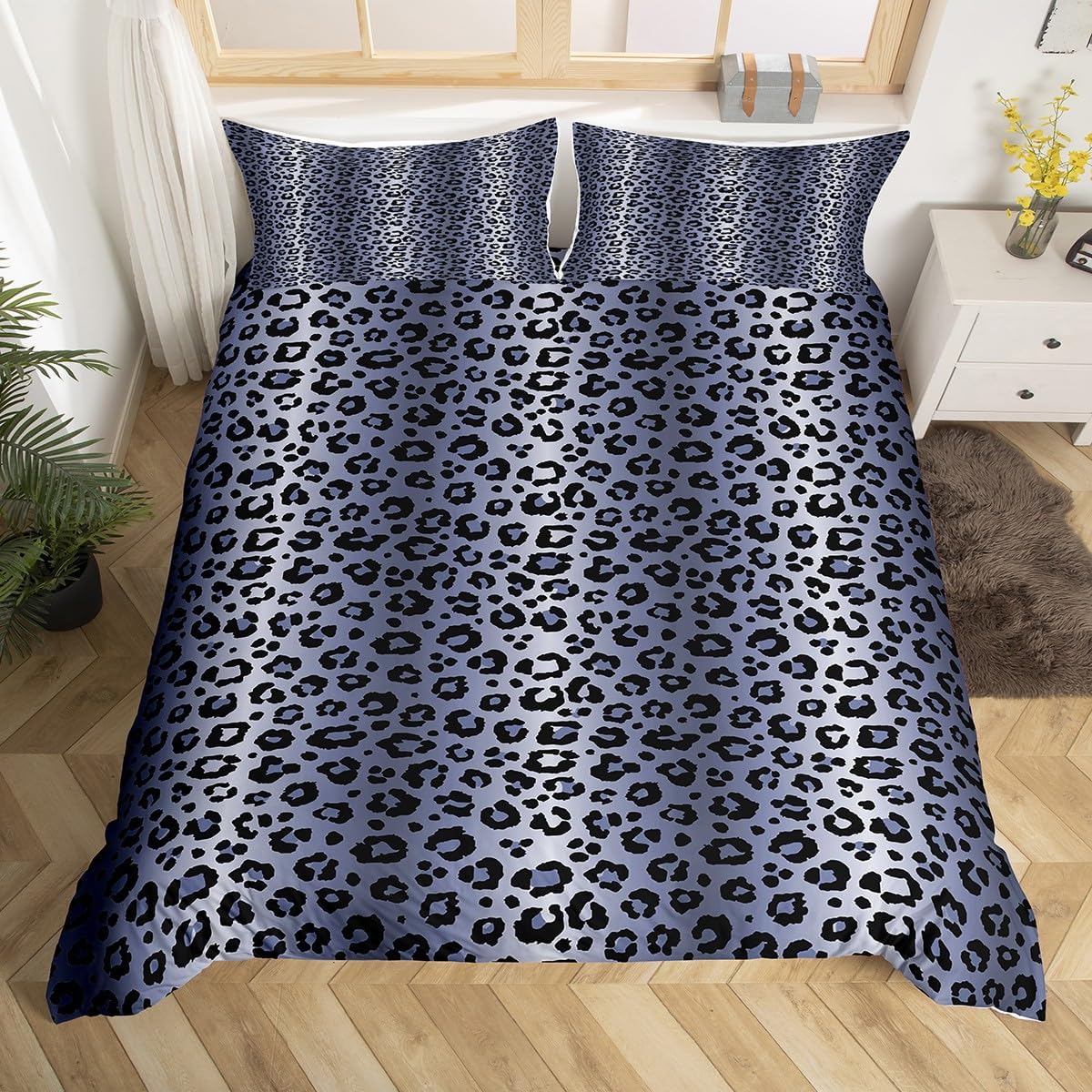 Feelyou Kids Blue Grey Black Duvet Cover Leopard Stripes Comforter Cover Leopard Print Bedding Set for Teens Toddler Cheetah Fur Print Bedspread Cover Breathable Bedclothes Zipper (No Comforter)