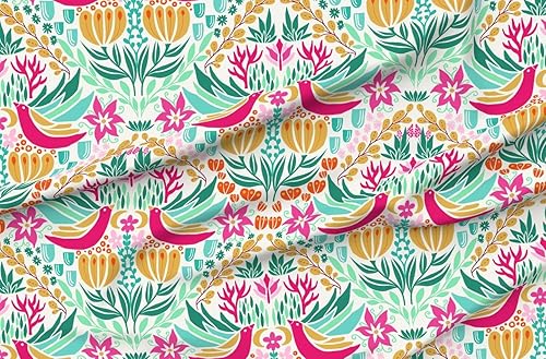 Spoonflower Tela  Pájaros de colores rosa verde bohemio botánico floral impreso en pétalos firma tela de algodón por yarda  costura acolchado ropa