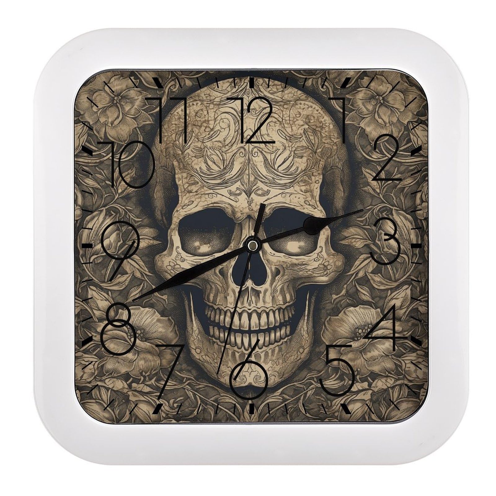 Horloge murale rétro tête de mort silencieuse pour chambre et bureau