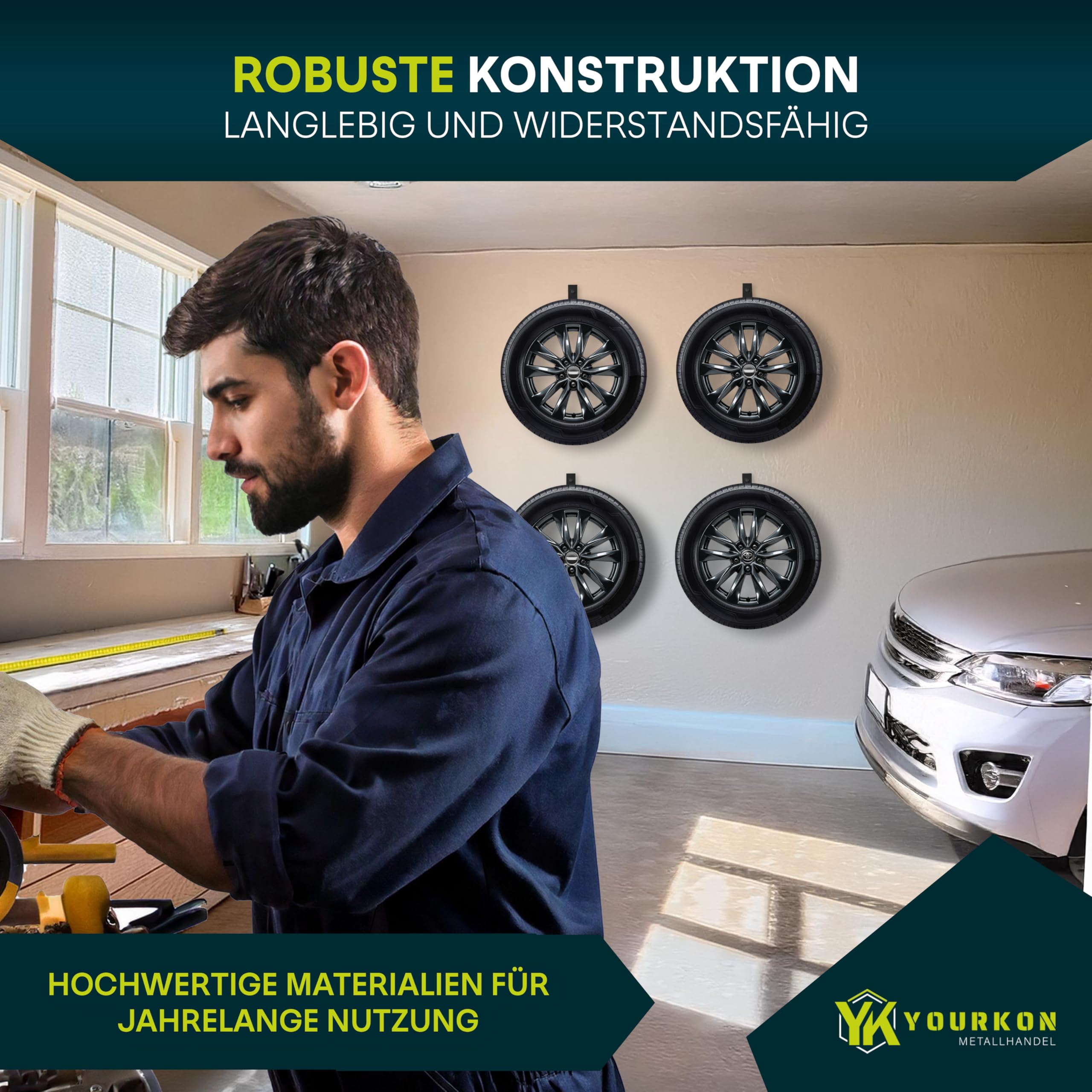 Yourkon WandFix: Reifen- und Felgenhalter 4er Set Platzsparende Wandhalterung für Reifen Tragfähigkeit bis 25KG inklusive Montagematerial