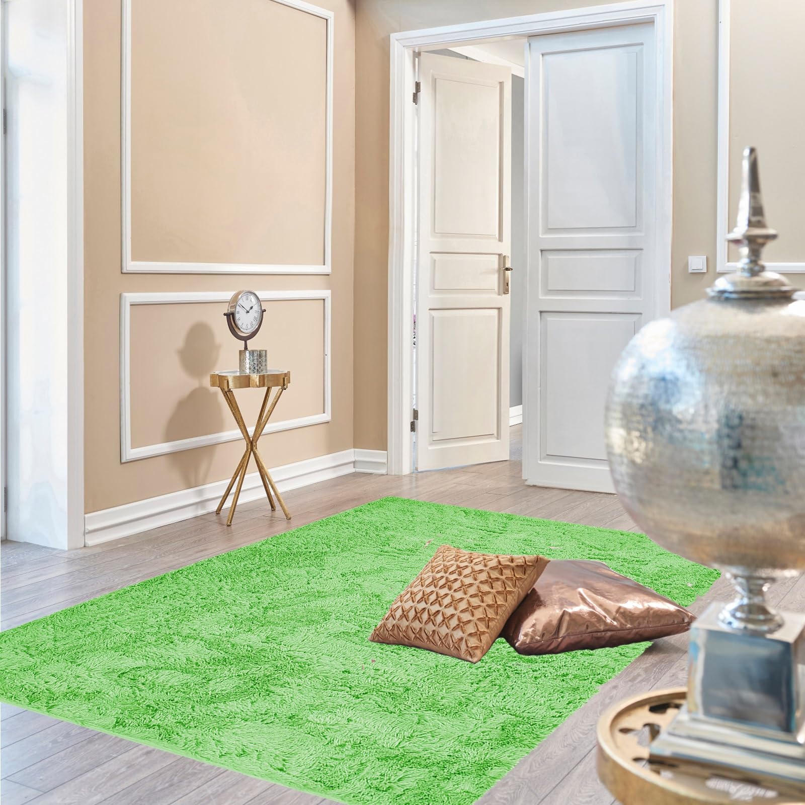 Tapis à poils longs NINGBAI 100x140 cm vert élégant pour salon et balcon